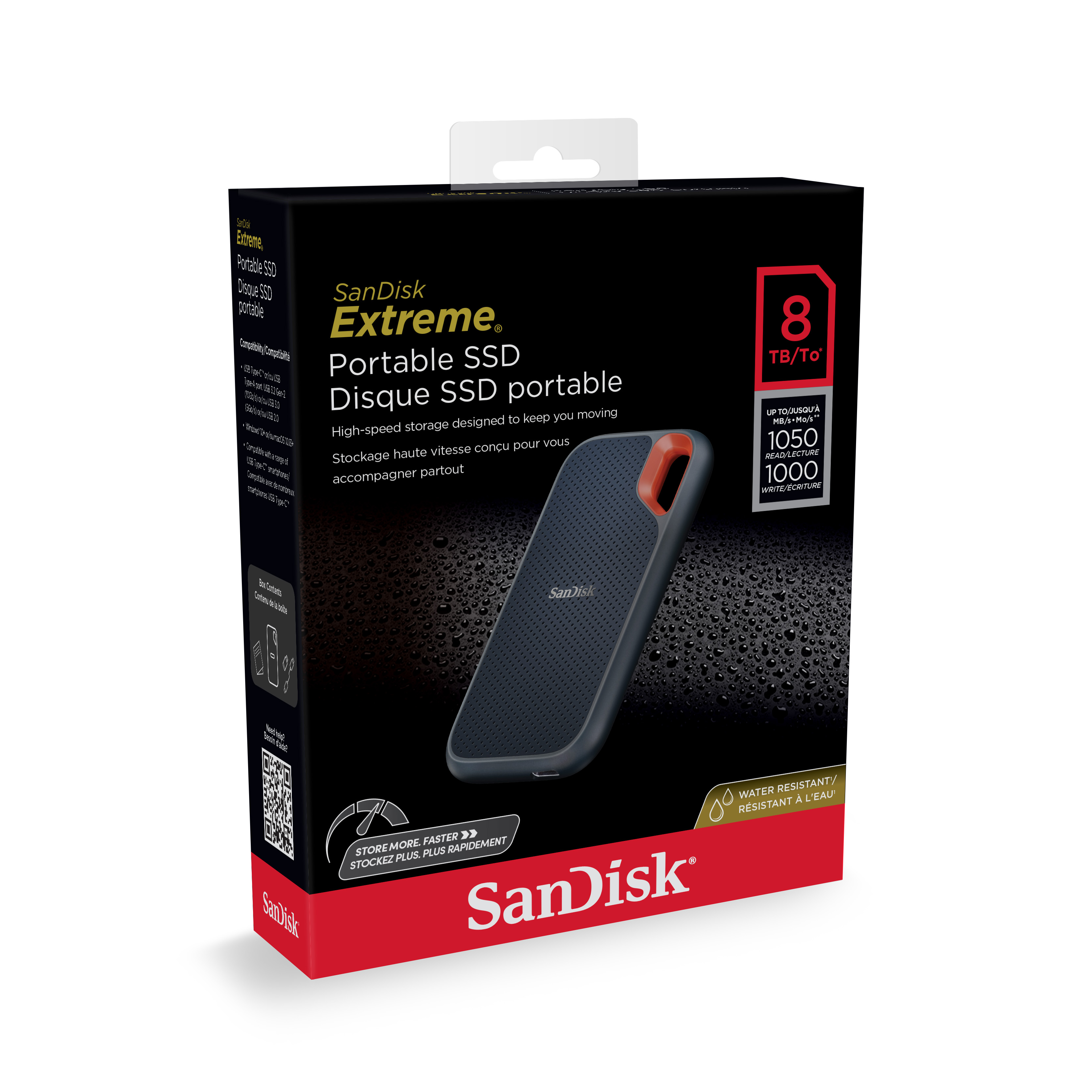 Schwarze und rote tragbare SanDisk SSD.