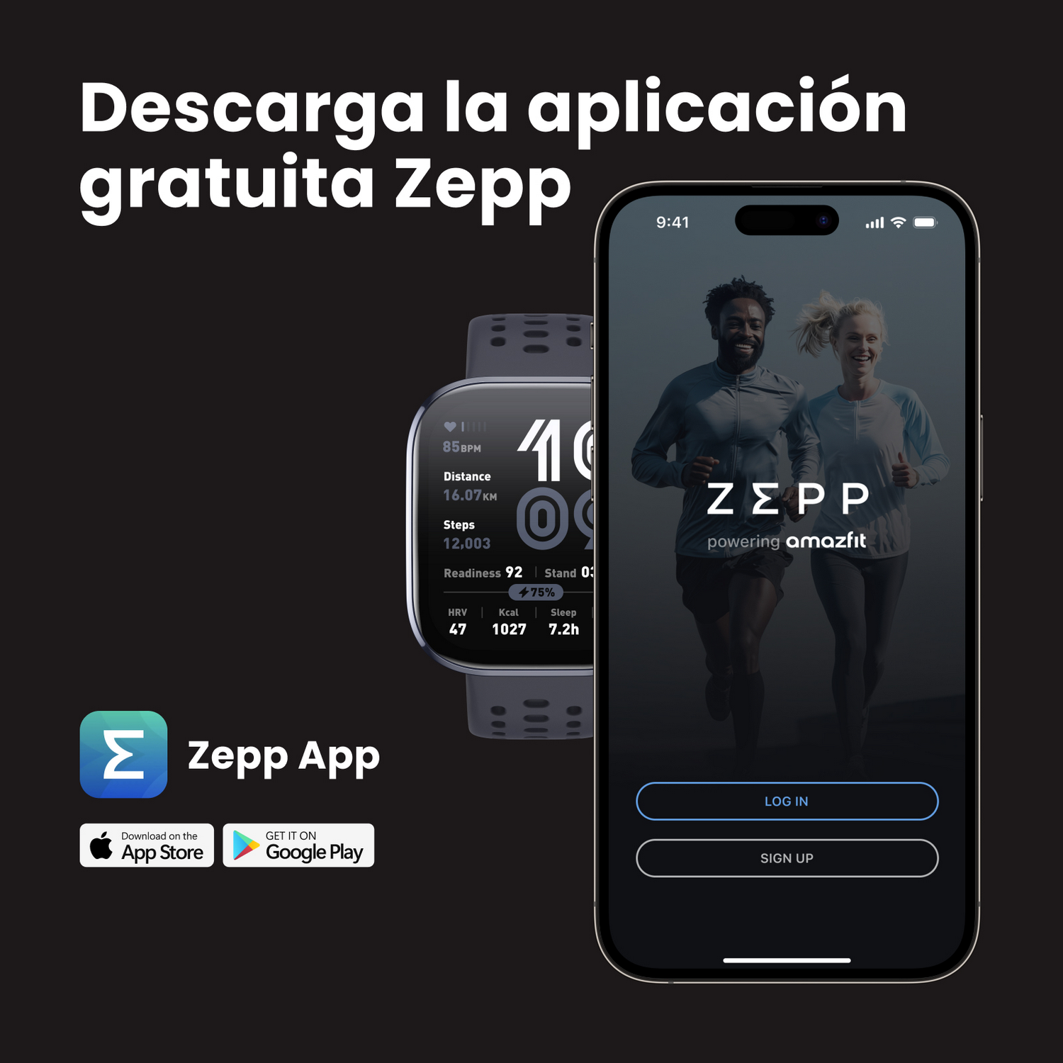 Pantalla de smartphone con interfaz de la app Zepp, smartwatch con estadísticas y texto promocional.