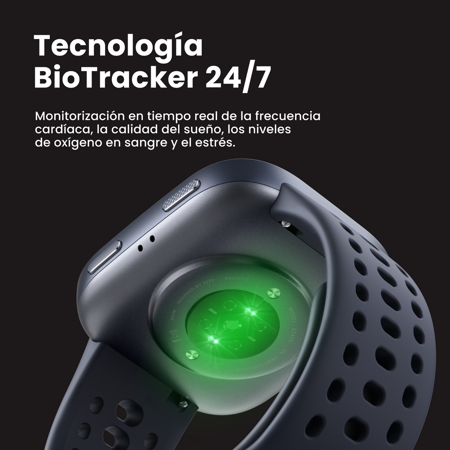 Smartwatch, BioTracker 24/7. Reloj en la muñeca. Luces verdes en la parte posterior. Texto en blanco sobre fondo negro.