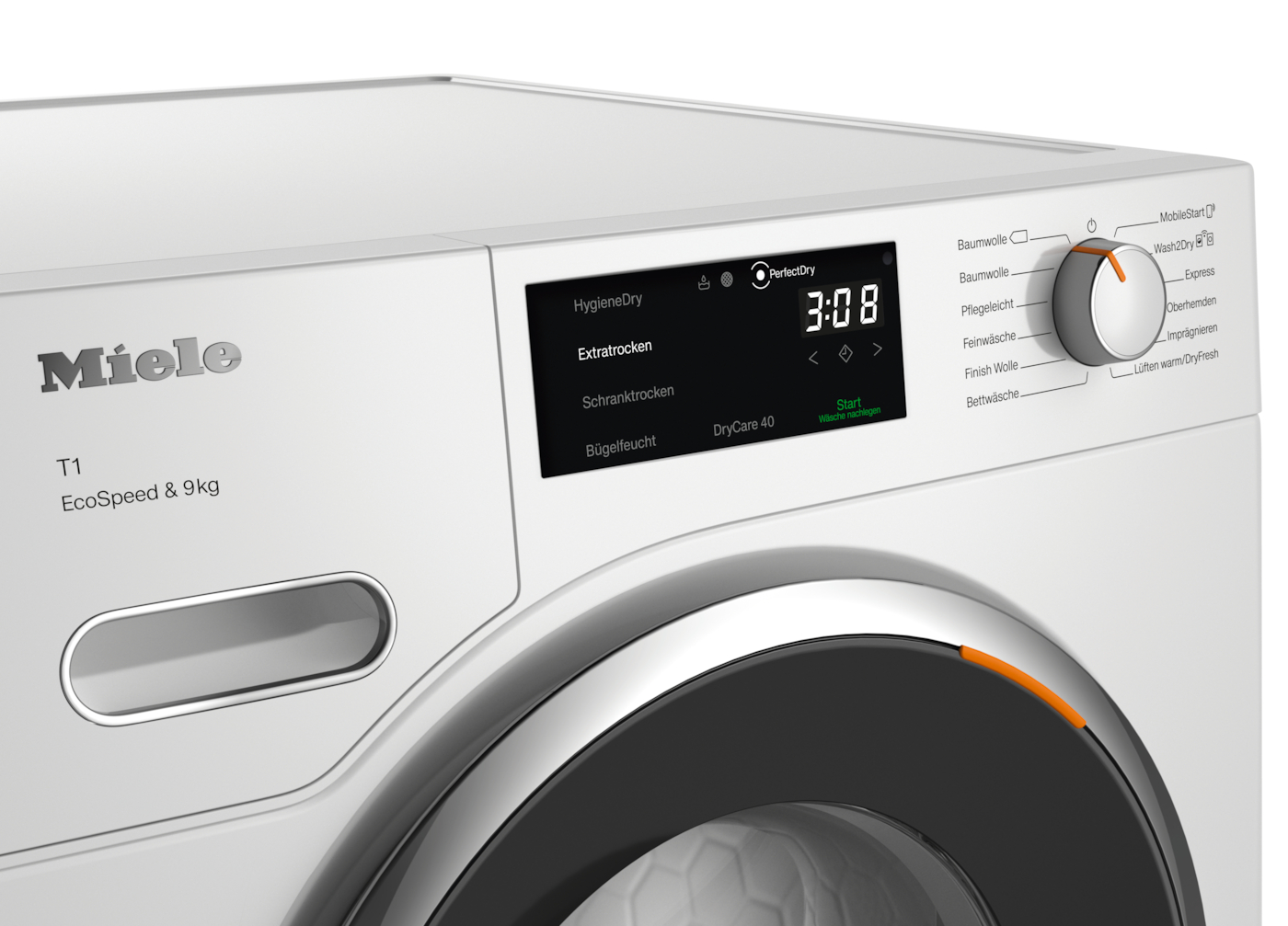 Eine weiße Waschmaschine mit schwarzer Tür, Bedienfeld zeigt Zeit und Einstellungen. Die Marke ist Miele.