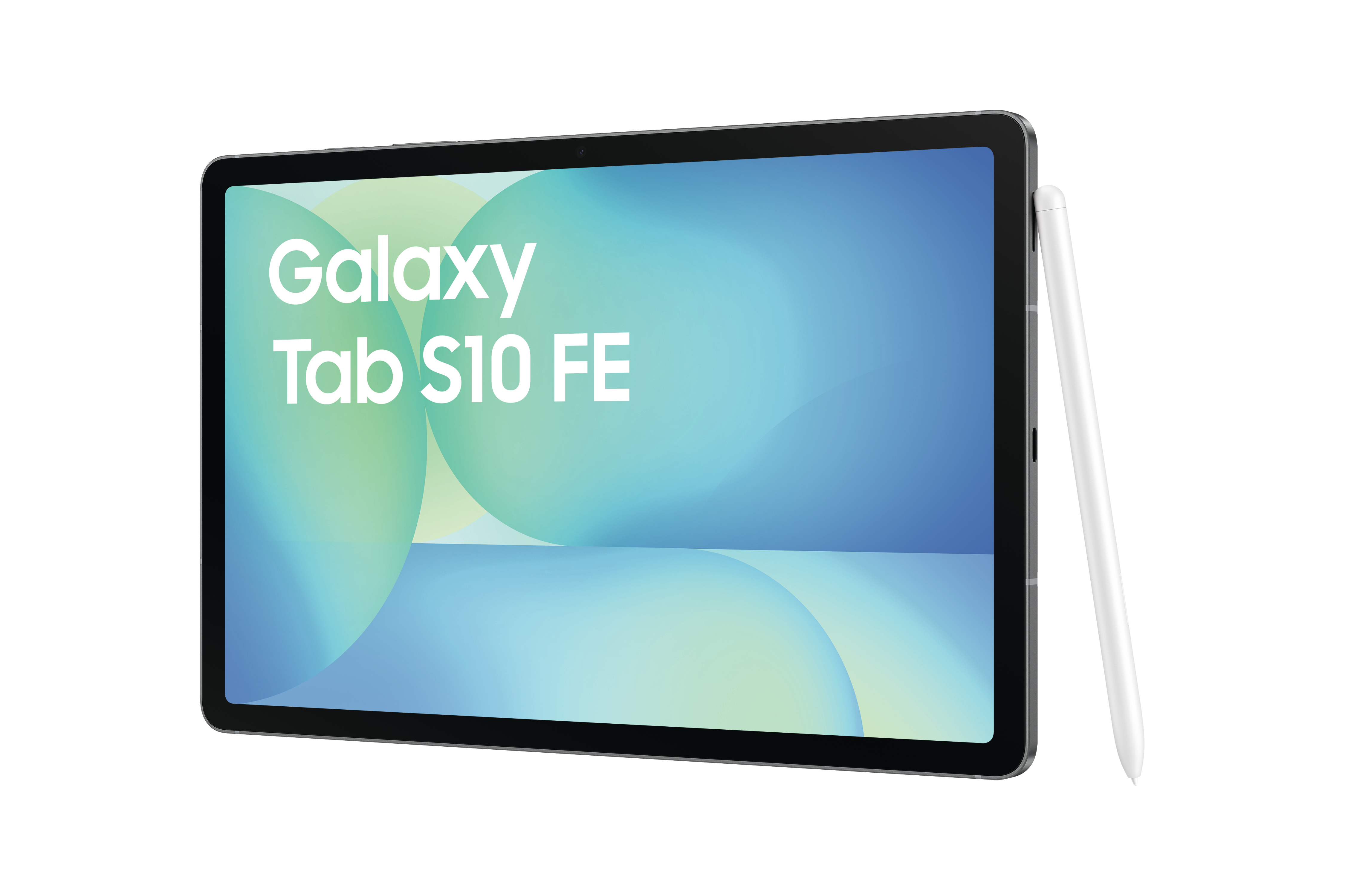 Ein Samsung Galaxy Tab S10 FE Tablet und ein weißer Stift auf weißer Oberfläche.