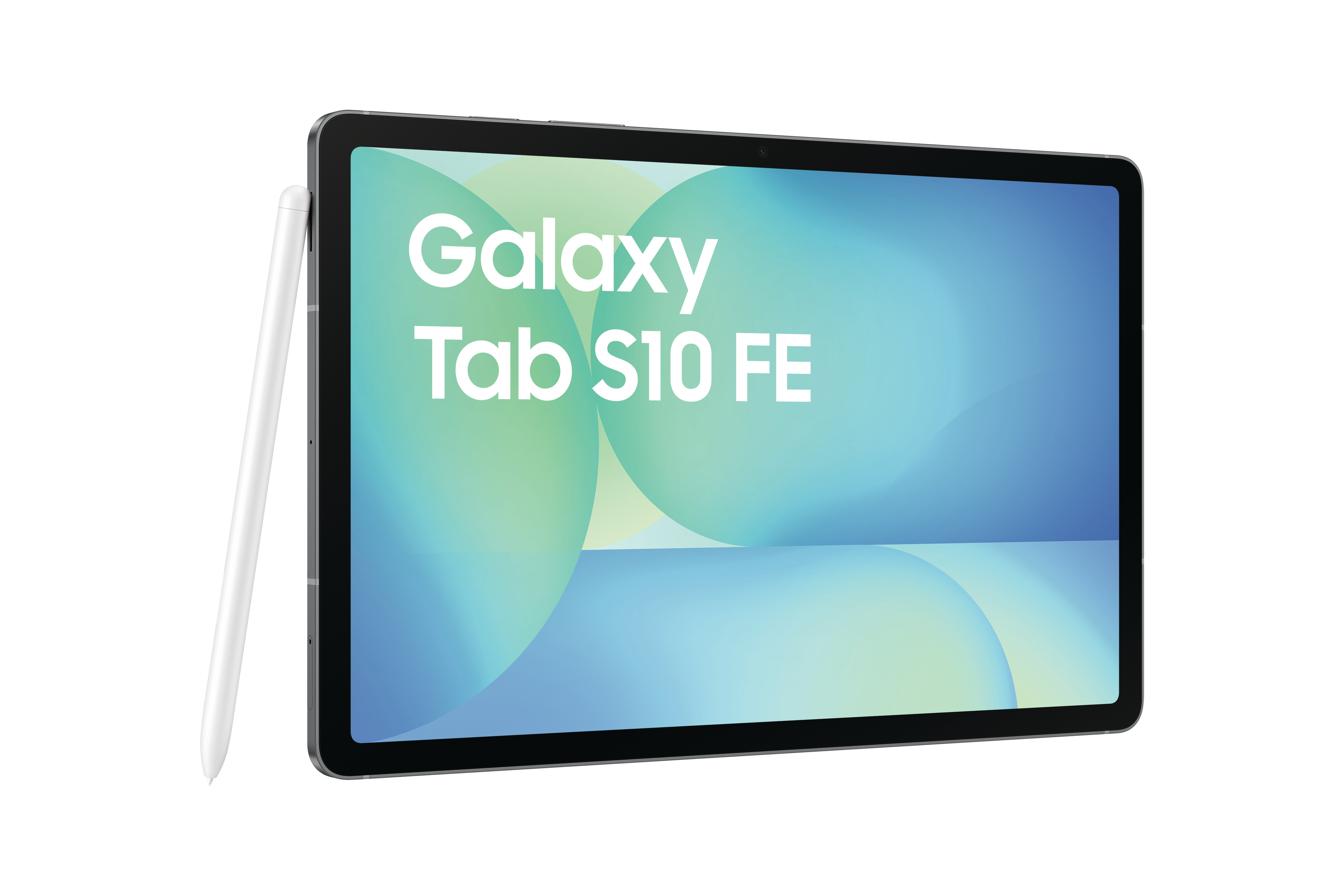 Silbernes Tablet mit Stift. Tablet zeigt farbigen Hintergrund. Weißer Hintergrund.