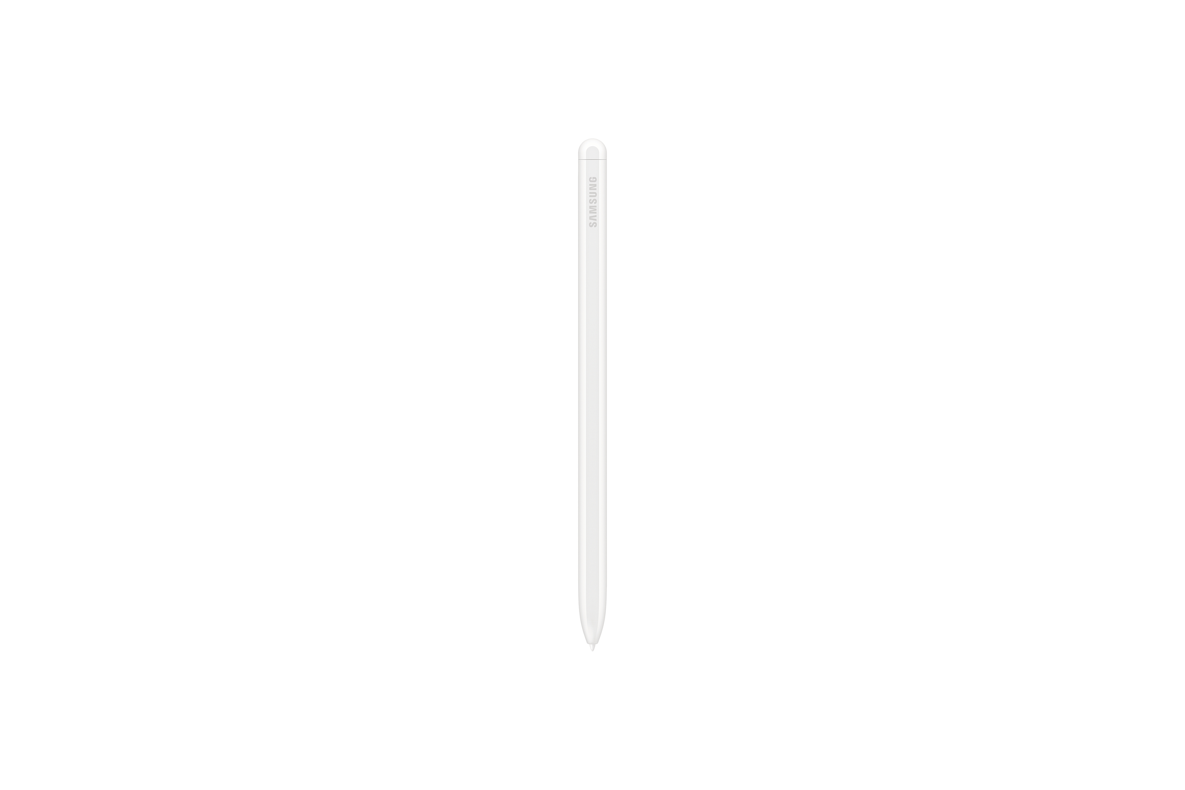 Ein weißer Samsung-Stift auf weißem Hintergrund.