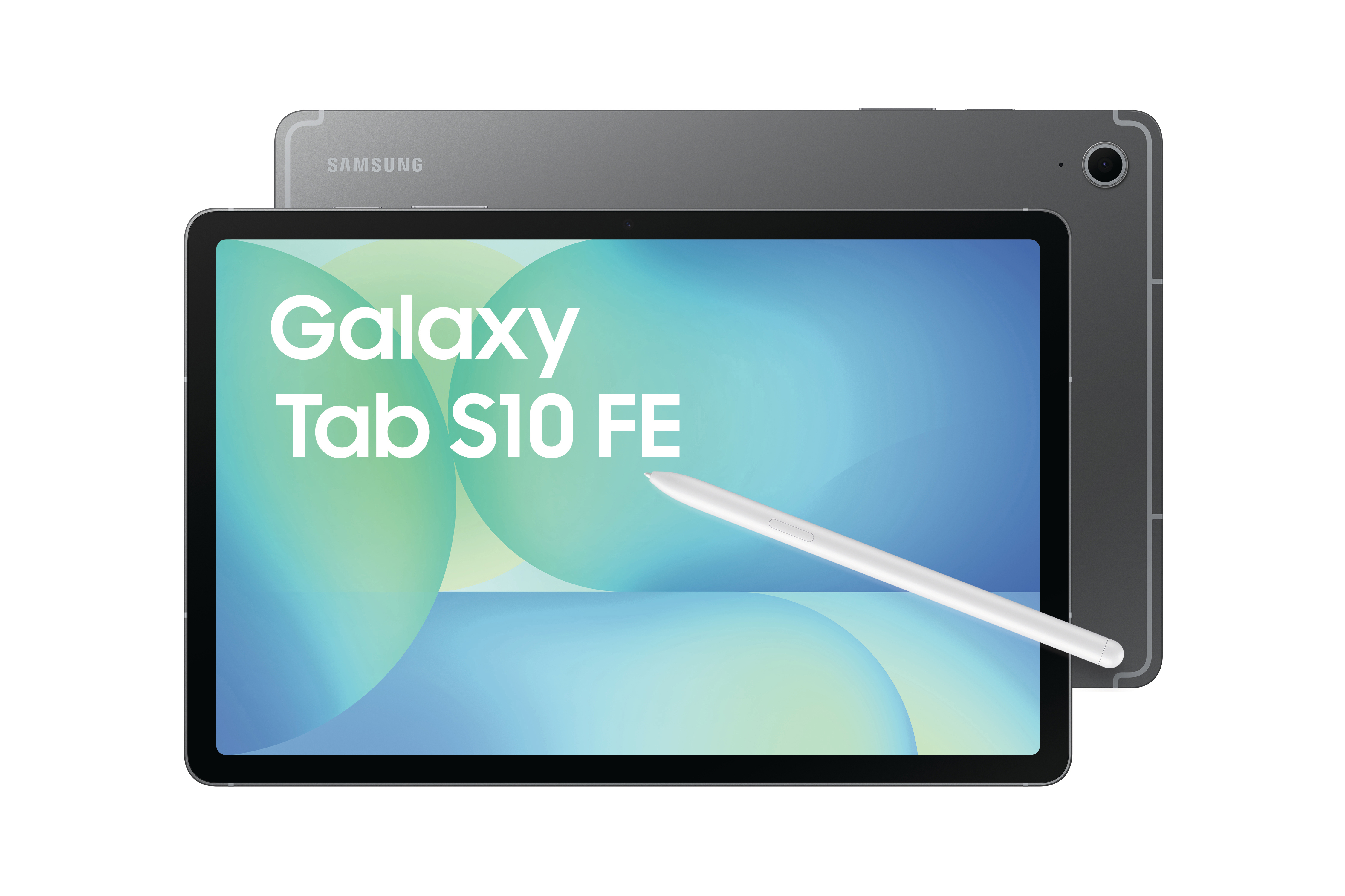 Silbernes Tablet mit Stift. Der Bildschirm zeigt &#x27;Galaxy Tab S10 FE&#x27; und farbenfrohe Grafiken.
