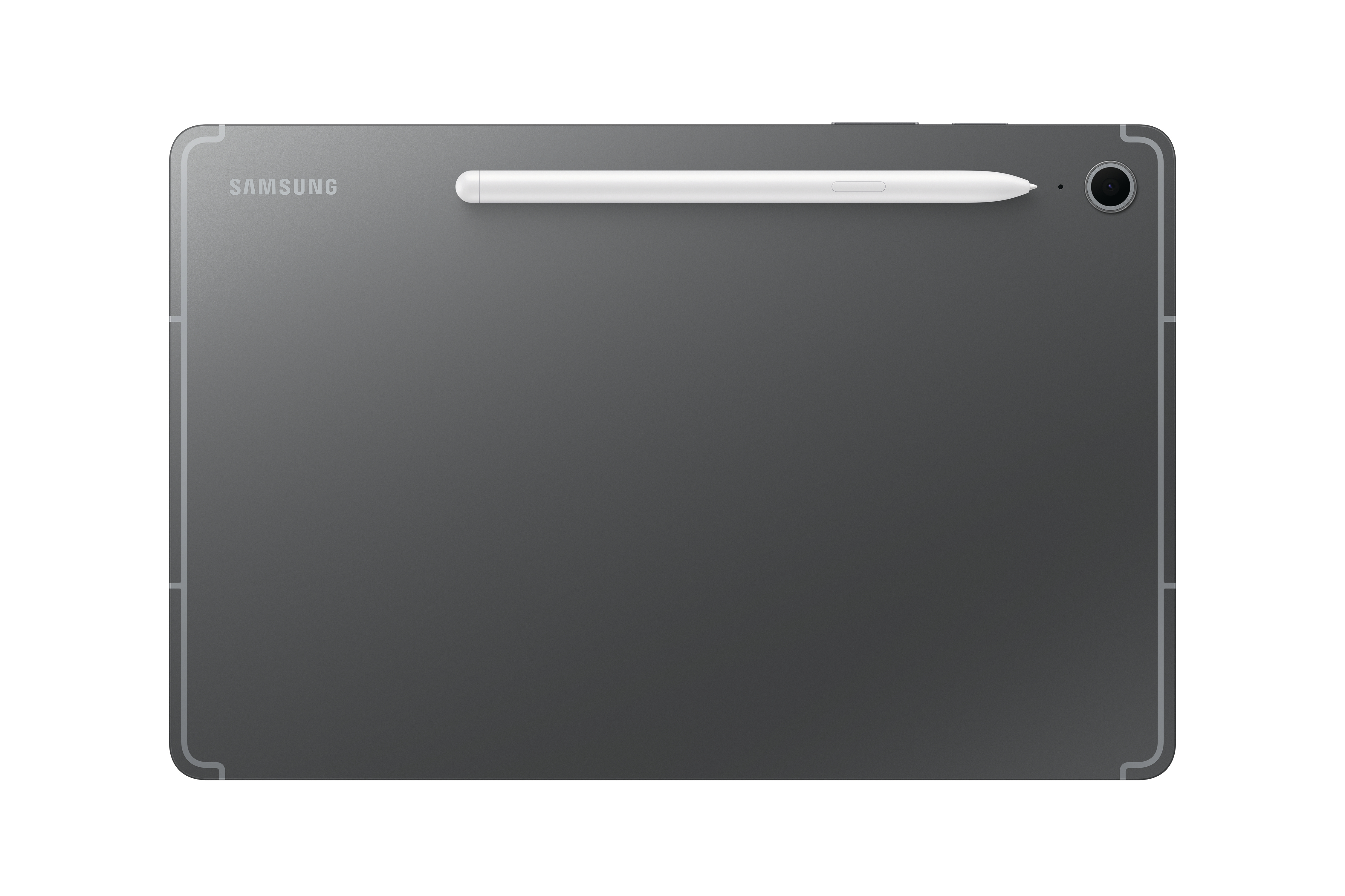 Rückseite eines grauen Tablets mit weißem Stift.