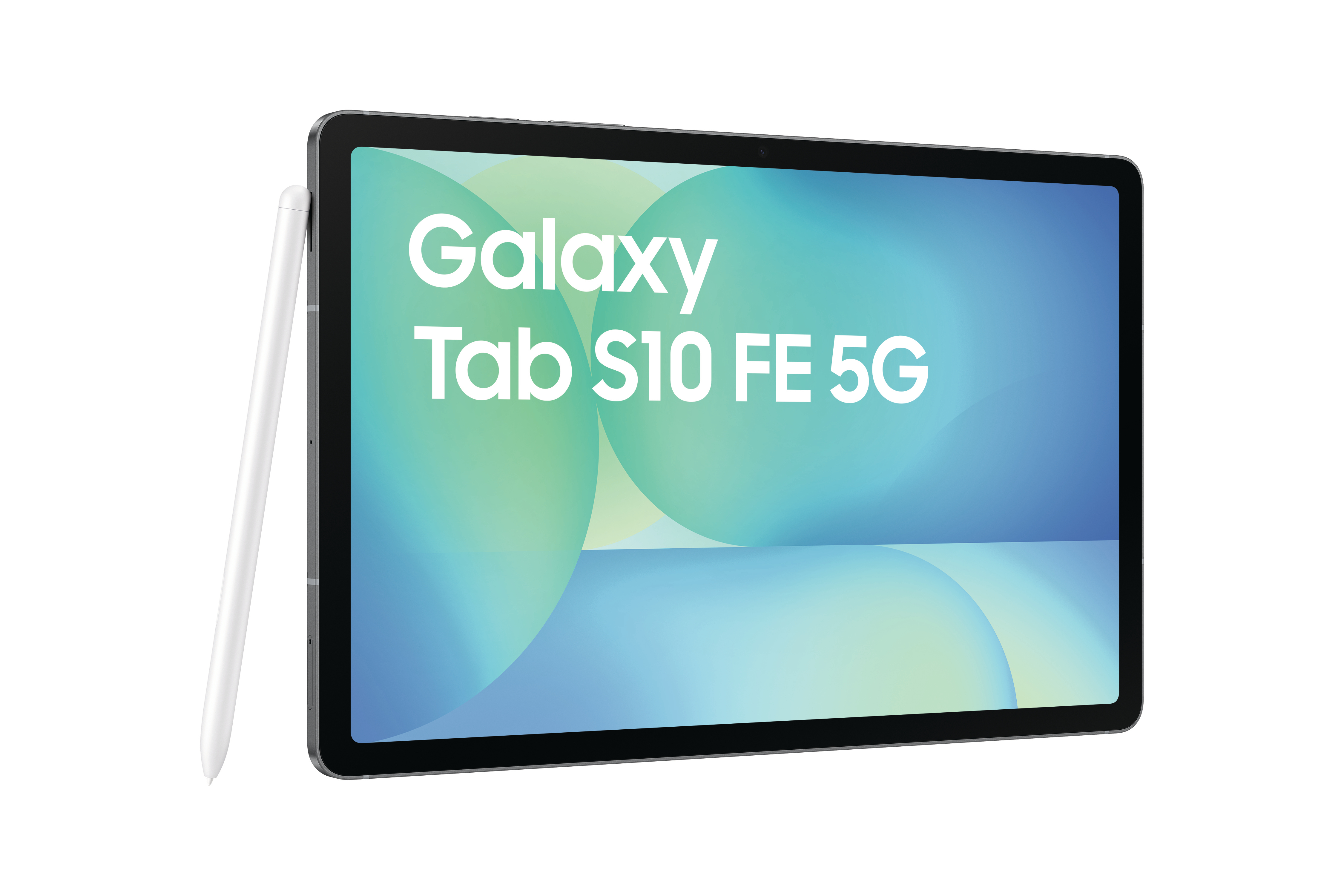 Silbernes Tablet mit Stift. Text auf dem Bildschirm: Galaxy Tab S10 FE 5G. Weißer Hintergrund.