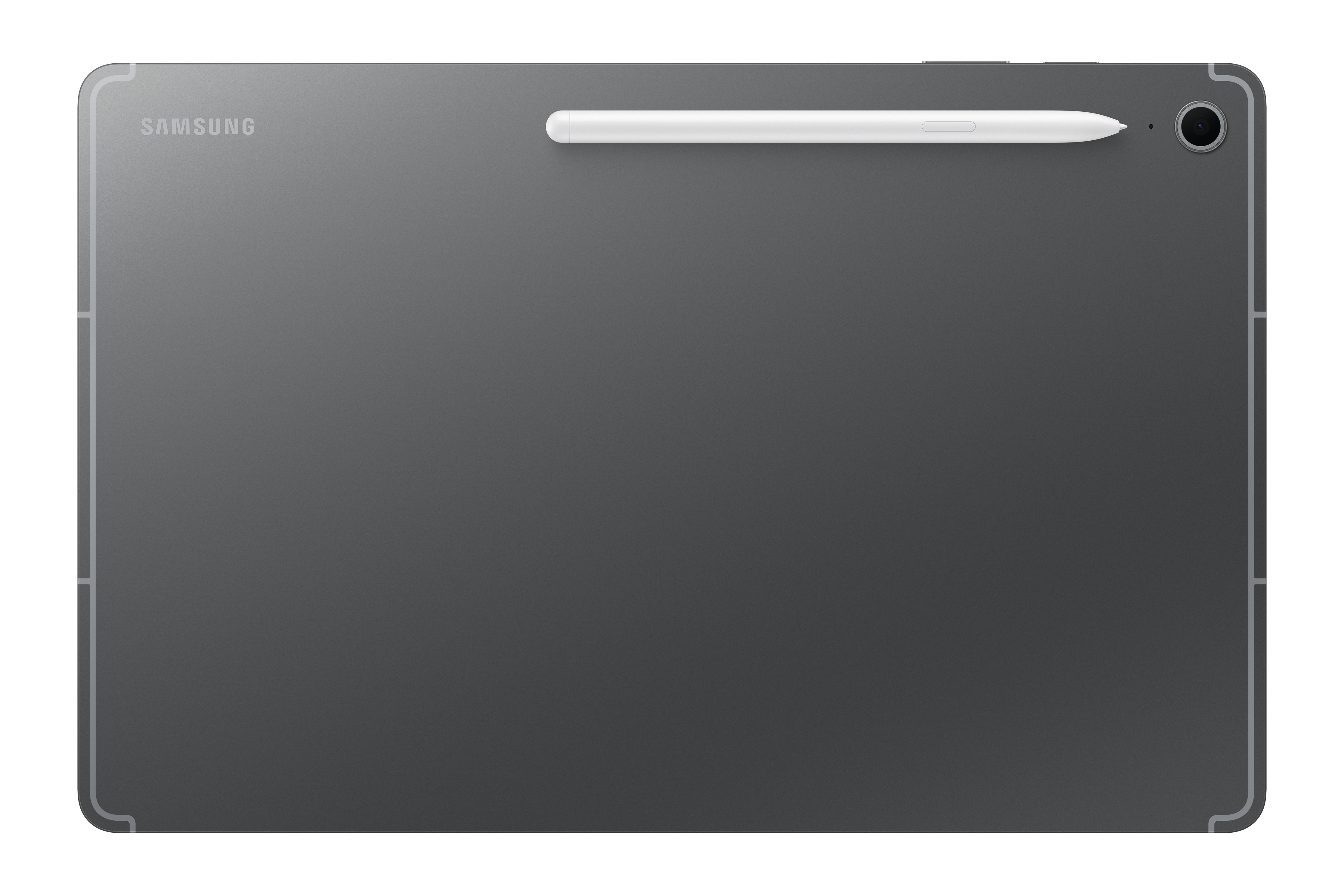 Rückseite eines grauen Samsung-Tablets mit befestigtem Stift. Kamera und Samsung-Logo sind sichtbar. Dunkler Hintergrund.