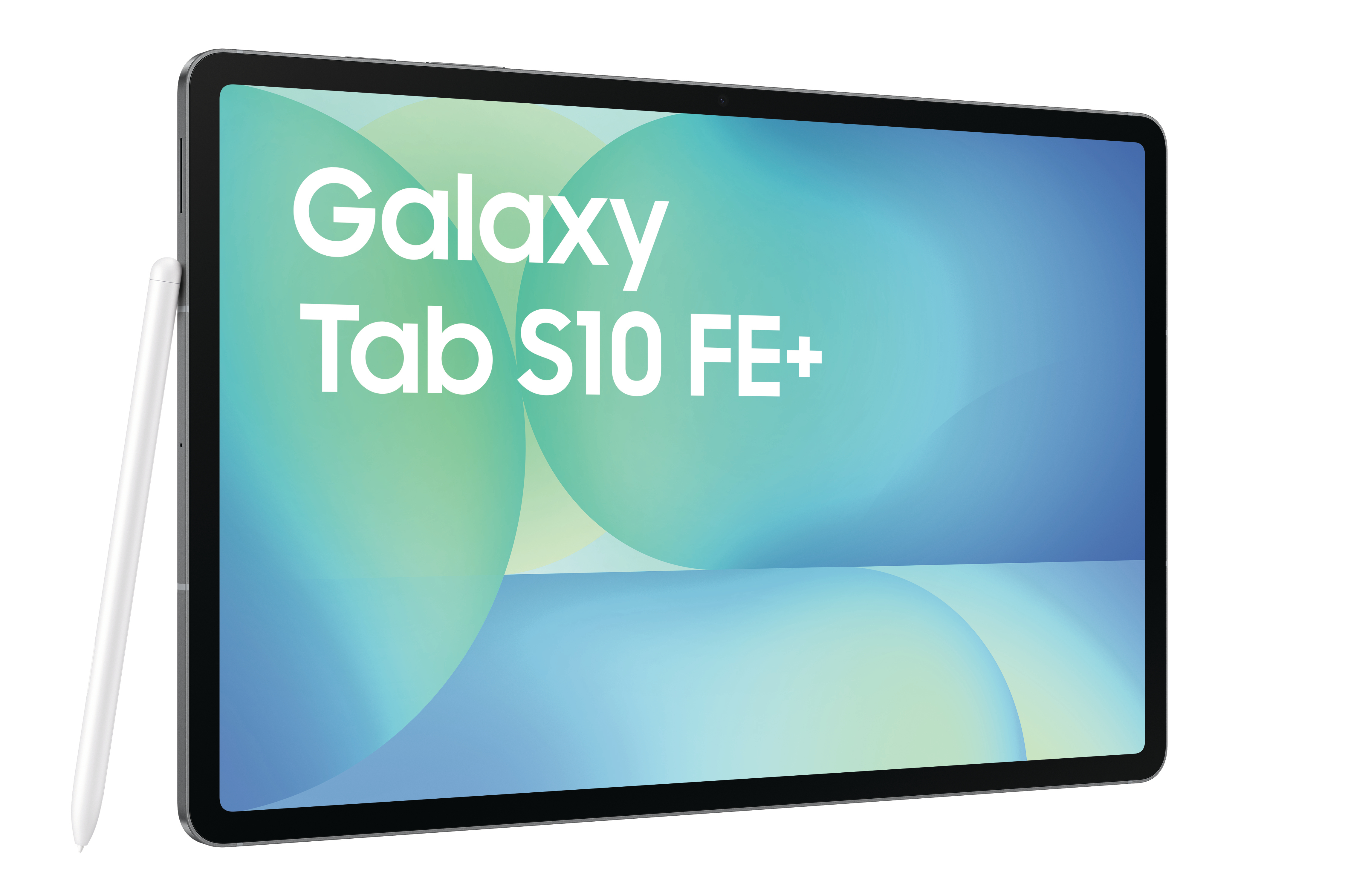 Weißes Galaxy Tab S10 FE+ mit Stift. Text auf dem Bildschirm: Galaxy Tab S10 FE+. Weißer Hintergrund.