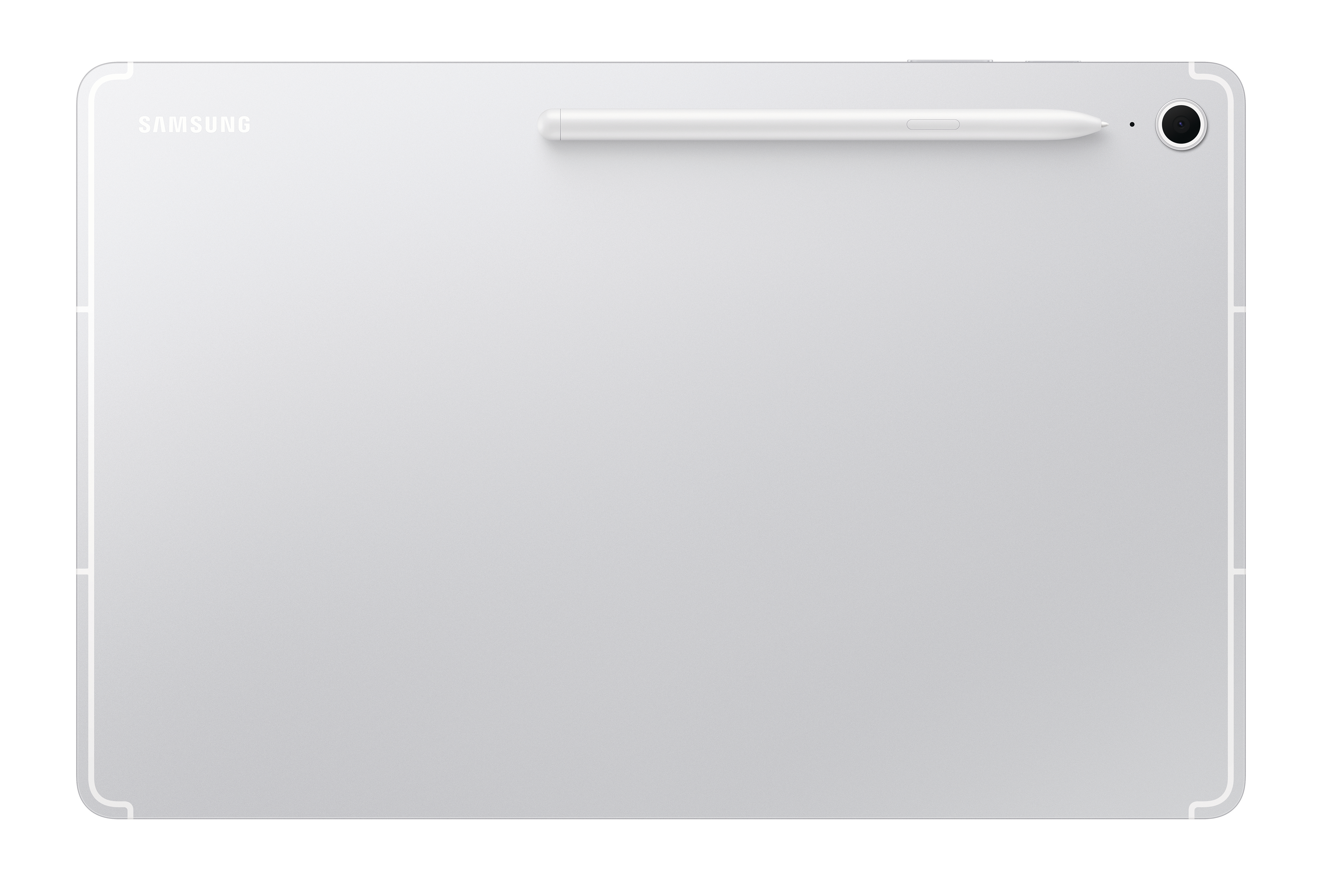 Die Rückseite eines silbernen Tablets mit Stift, Kamera und Samsung-Logo.