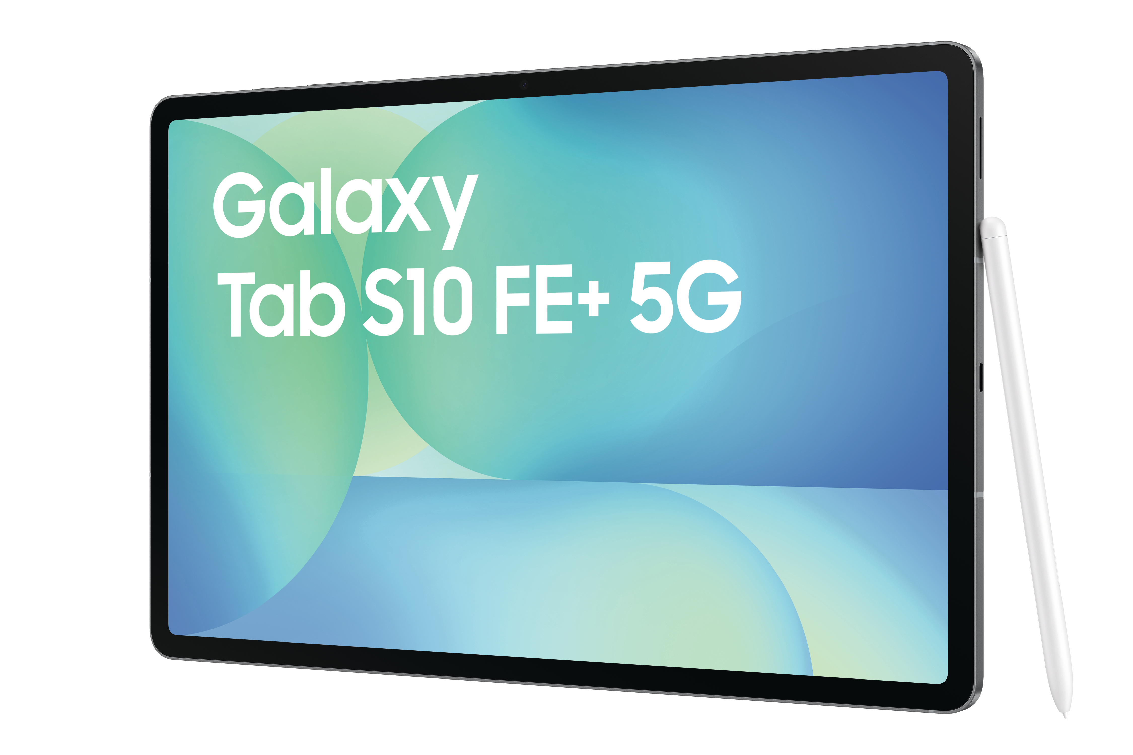 Tablet mit Galaxy Tab S10 FE+ 5G auf dem Bildschirm und weißem Stift.