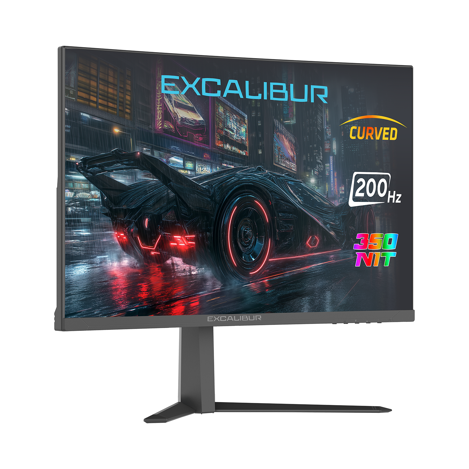 Kavisli bir monitör, gece bir şehirde fütüristik bir araba gösteriyor. Metin: EXCALIBUR, CURVED, 200Hz, 350 NIT.