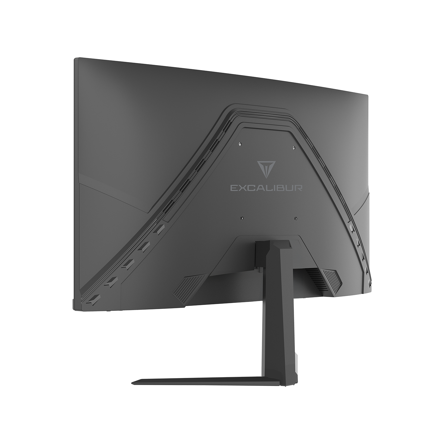 Siyah bilgisayar monitörünün arkası. Gümüş logo ve tasarım öğeleri görünür. Stand dahil.
