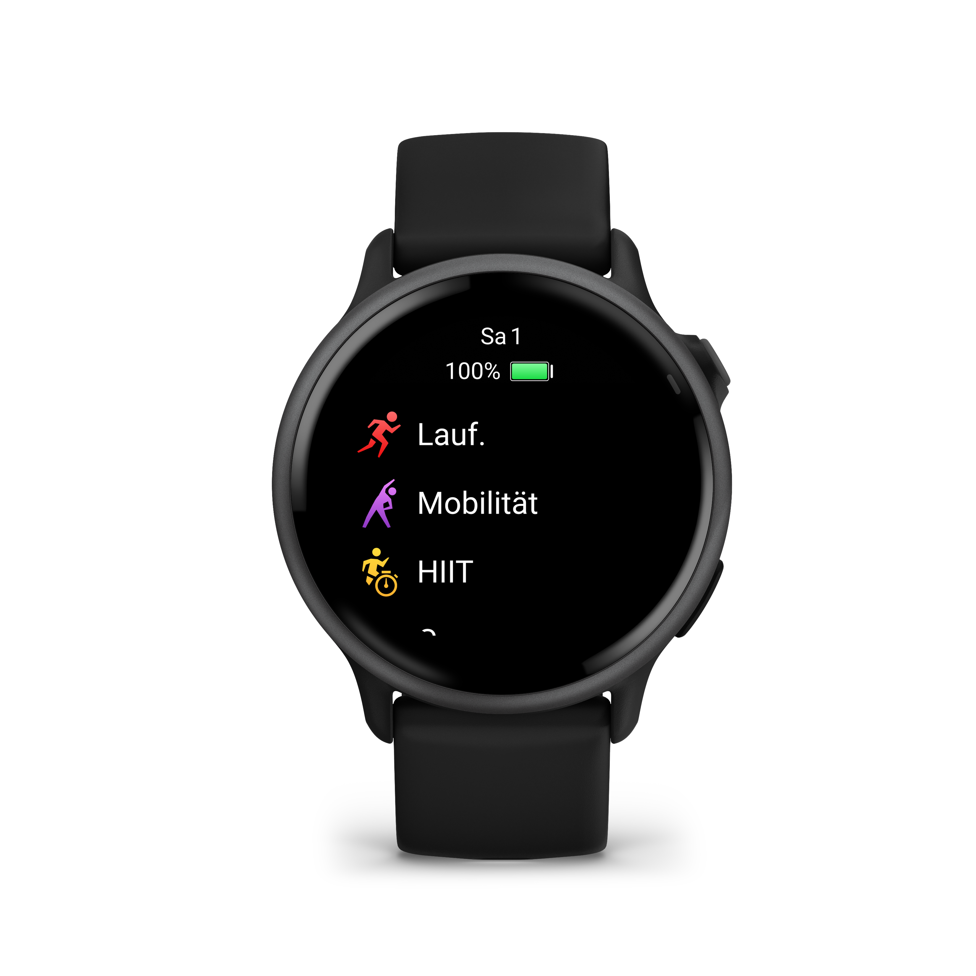 Schwarze Smartwatch mit rundem Display, das Fitnessdaten anzeigt.