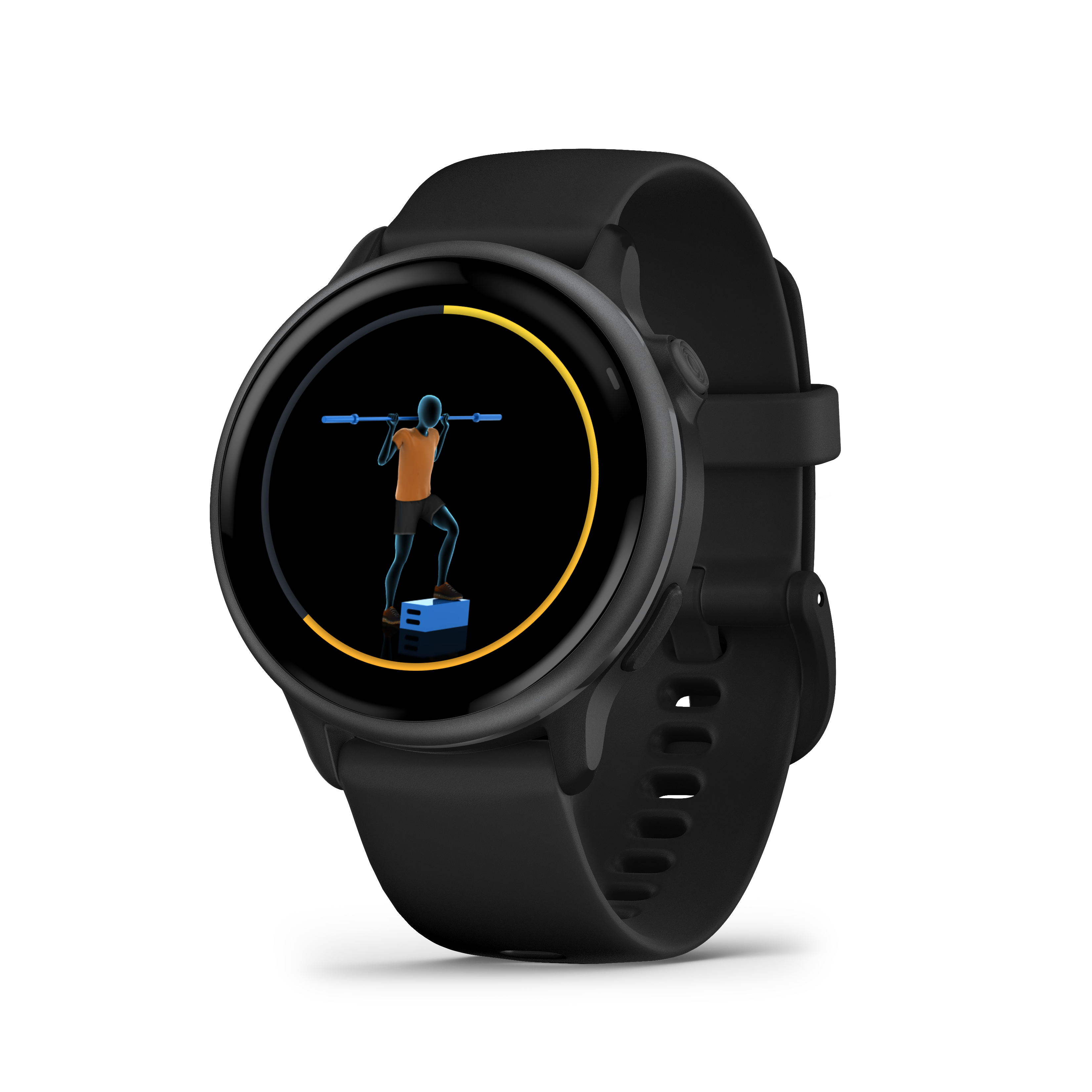 Eine schwarze Smartwatch mit rundem Display. Der Bildschirm zeigt eine Fitnessgrafik einer Person, die eine Langhantel hebt.