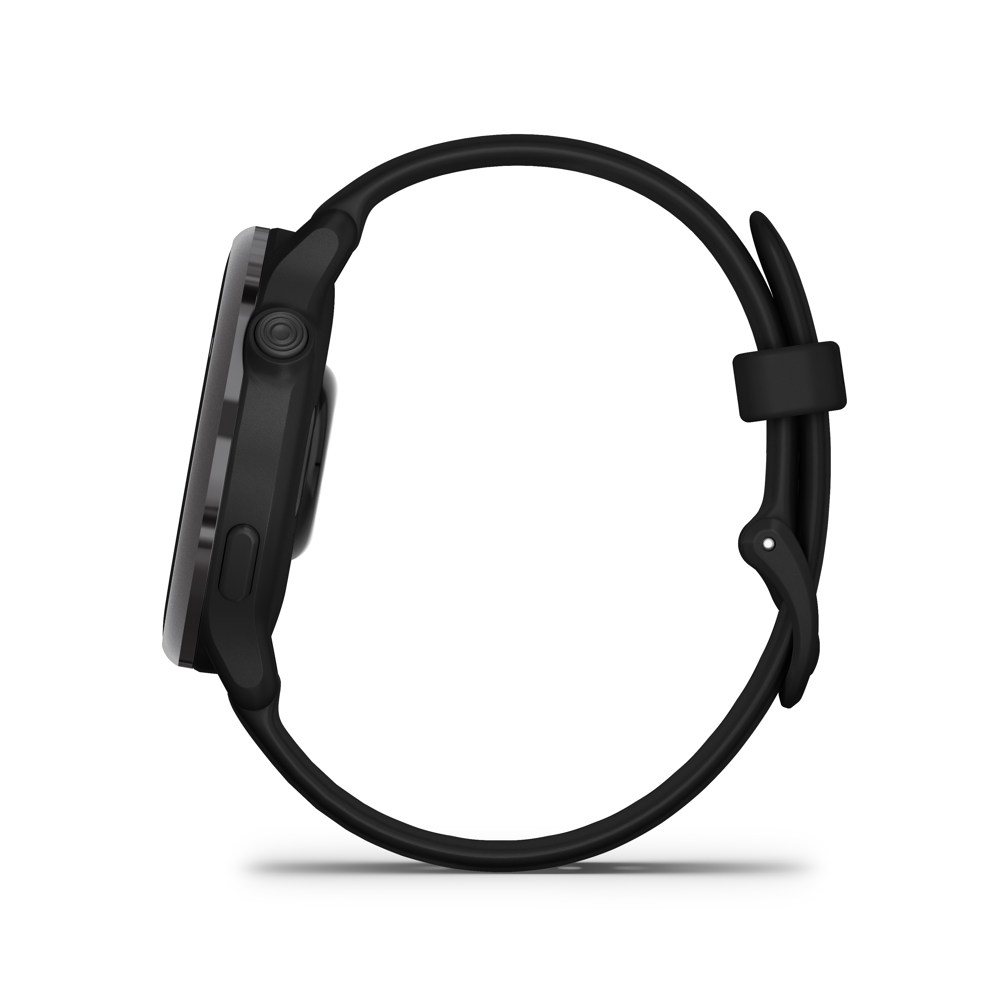Seitenansicht einer schwarzen Smartwatch mit schwarzem Armband. Schwarzer Hintergrund.