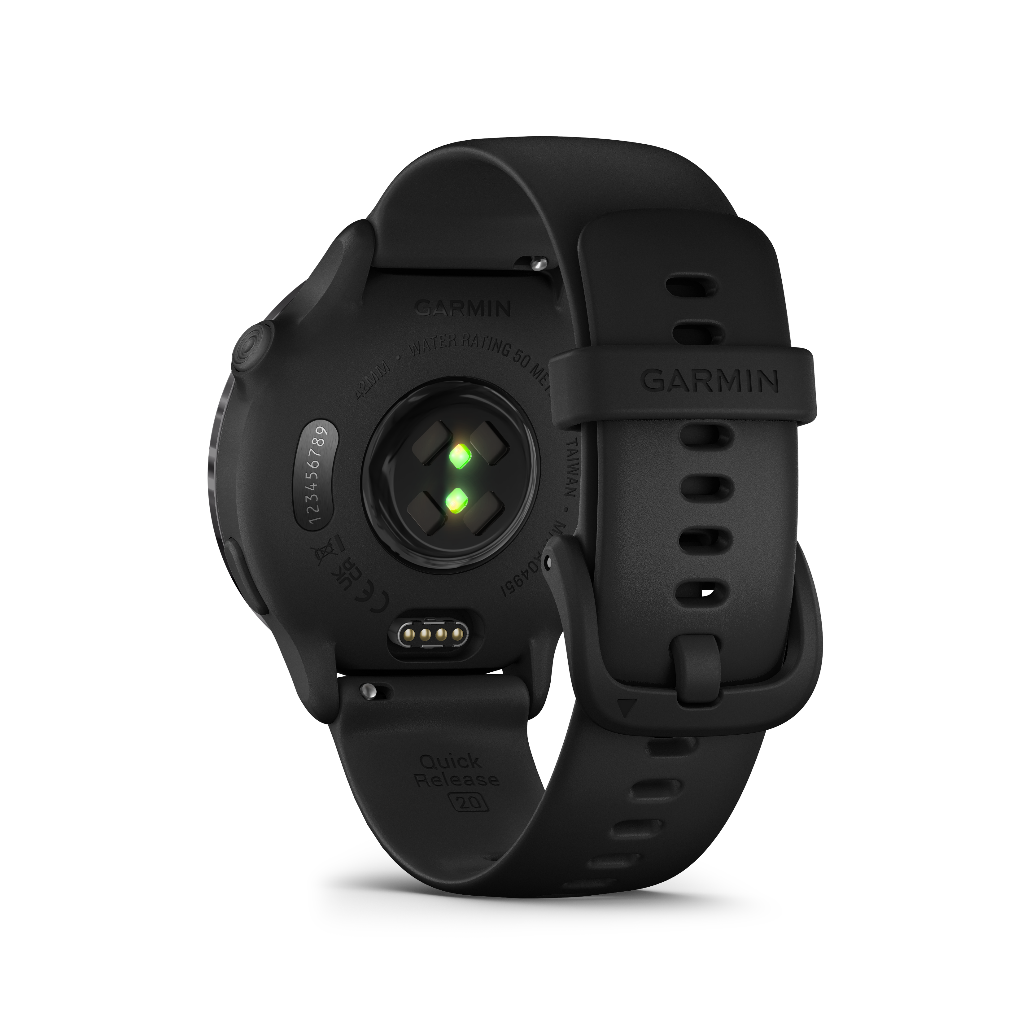 Eine schwarze Garmin Smartwatch, bei der die Rückseite mit Sensoren und Armband sichtbar ist.