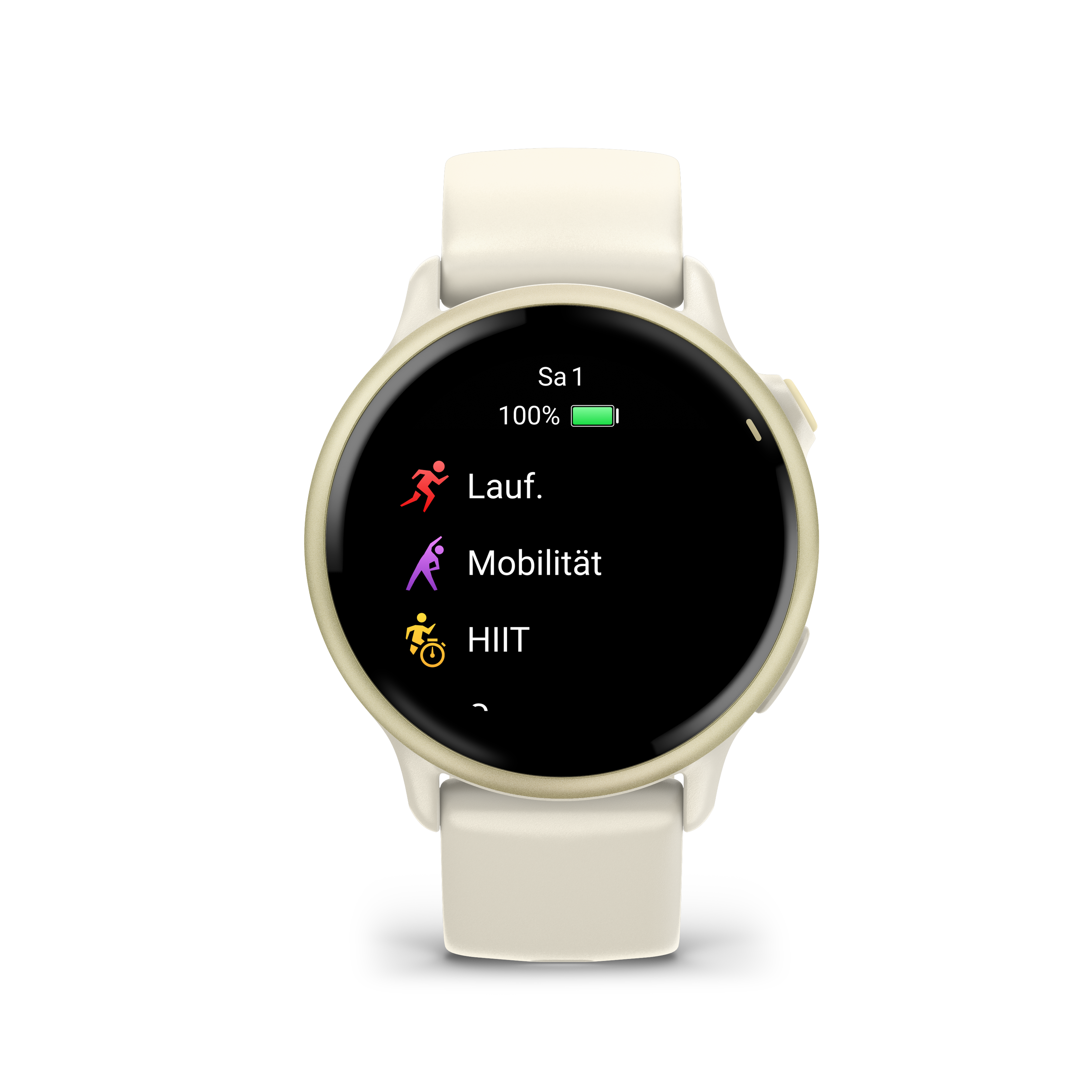 Eine Smartwatch mit Aktivitätssymbolen und einer Batteriestandsanzeige. Die Uhr hat ein cremefarbenes Armband.