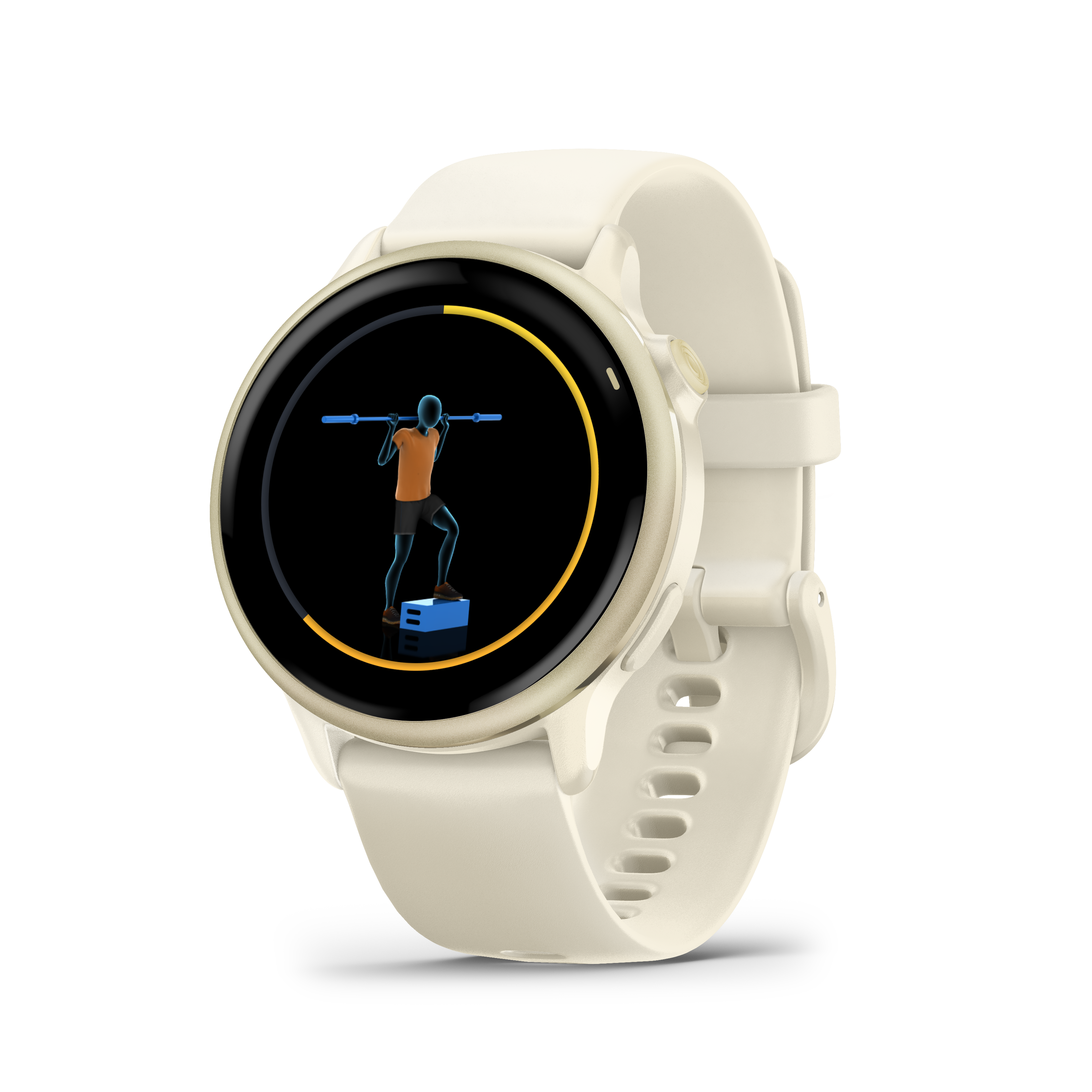 Weiße Smartwatch mit einem Mann, der auf dem Bildschirm trainiert, auf schwarzem Hintergrund.