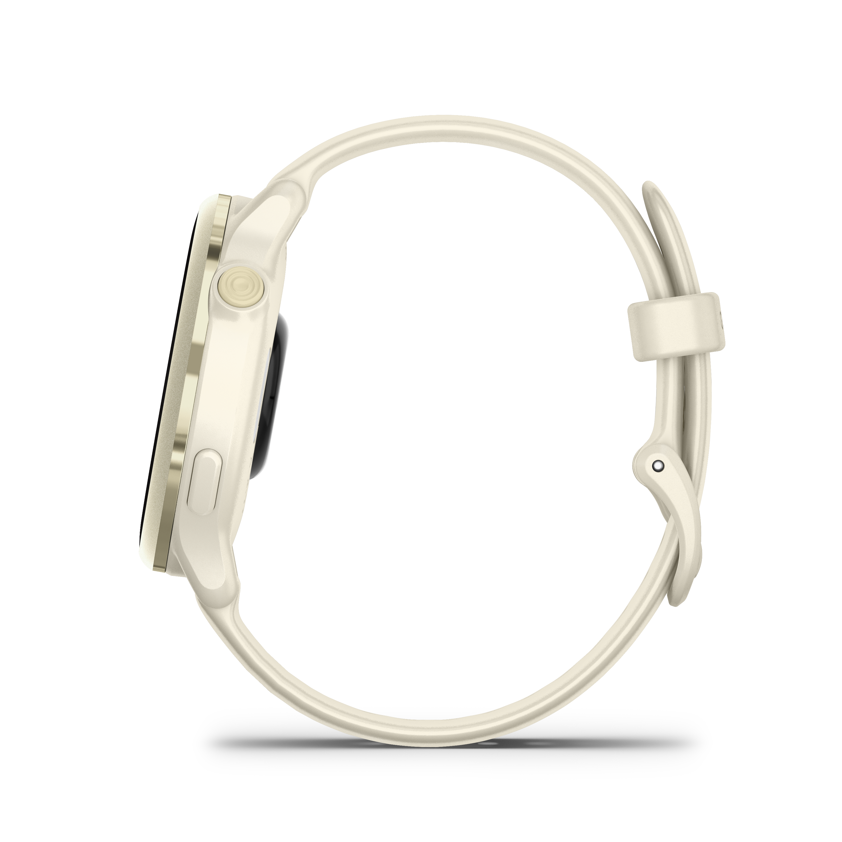 Eine cremefarbene Smartwatch von der Seite, die Armband, Knöpfe und Bildschirm zeigt.