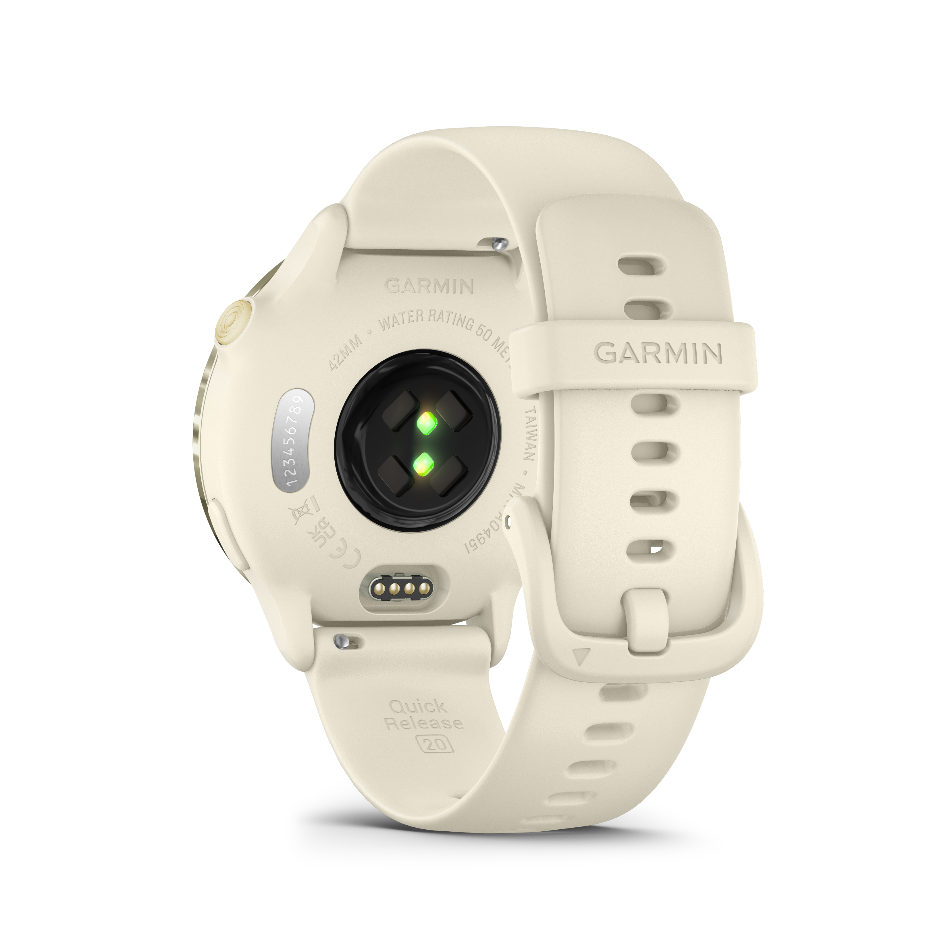 Cremefarbene Garmin-Uhr, Unterseite zeigend. Mit Sensor und Armband.