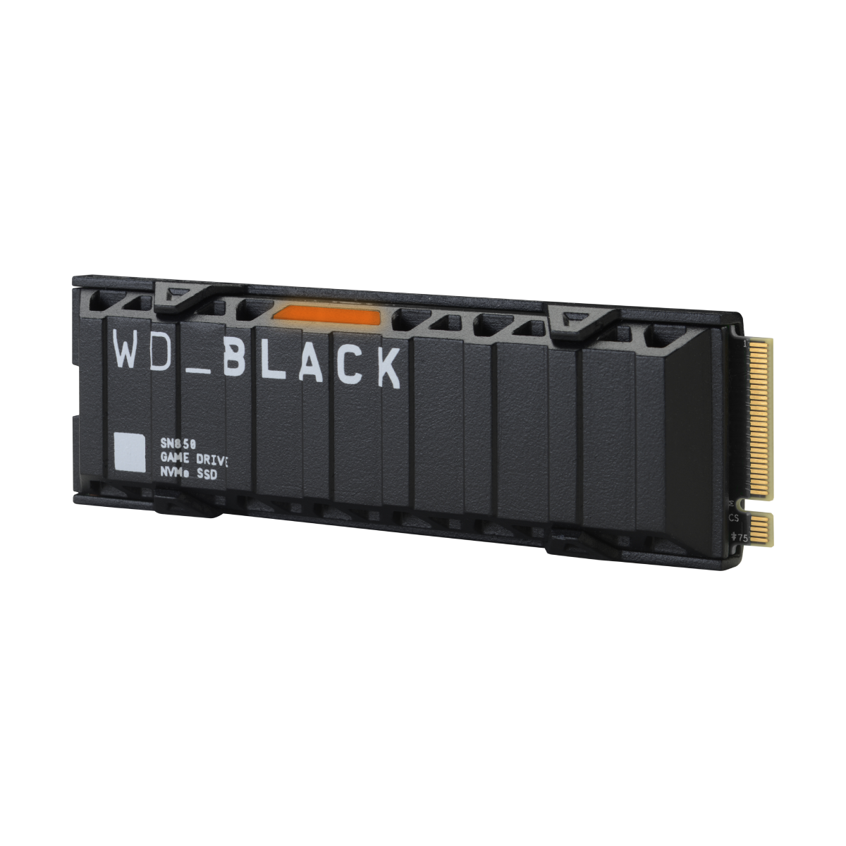 WD_BLACK NVMe SSD, negro con detalles naranjas. Vista en ángulo, mostrando la unidad y sus conectores.