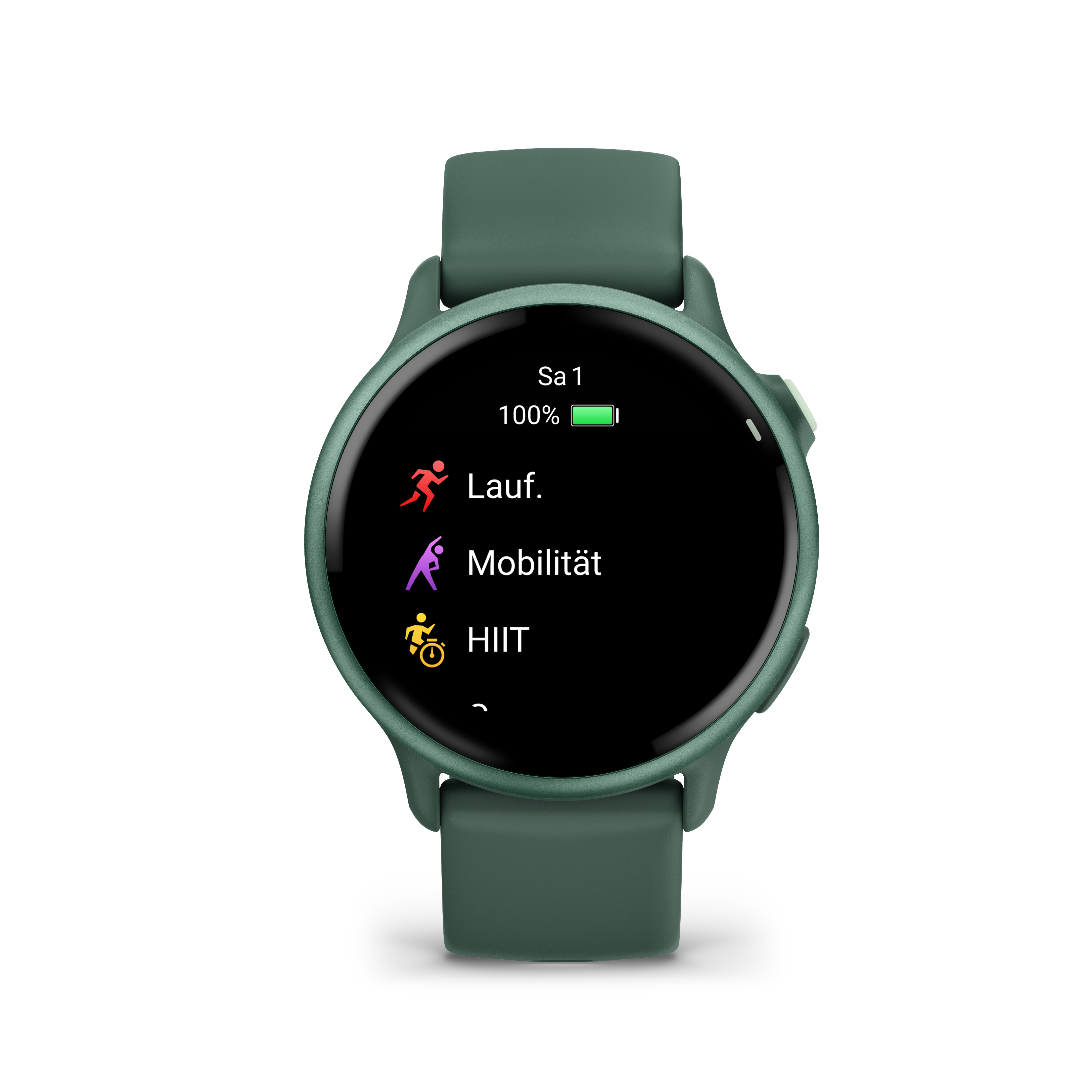 Grüne Smartwatch mit Trainingsoptionen: Laufen, Mobilität und HIIT, Akku 100%.