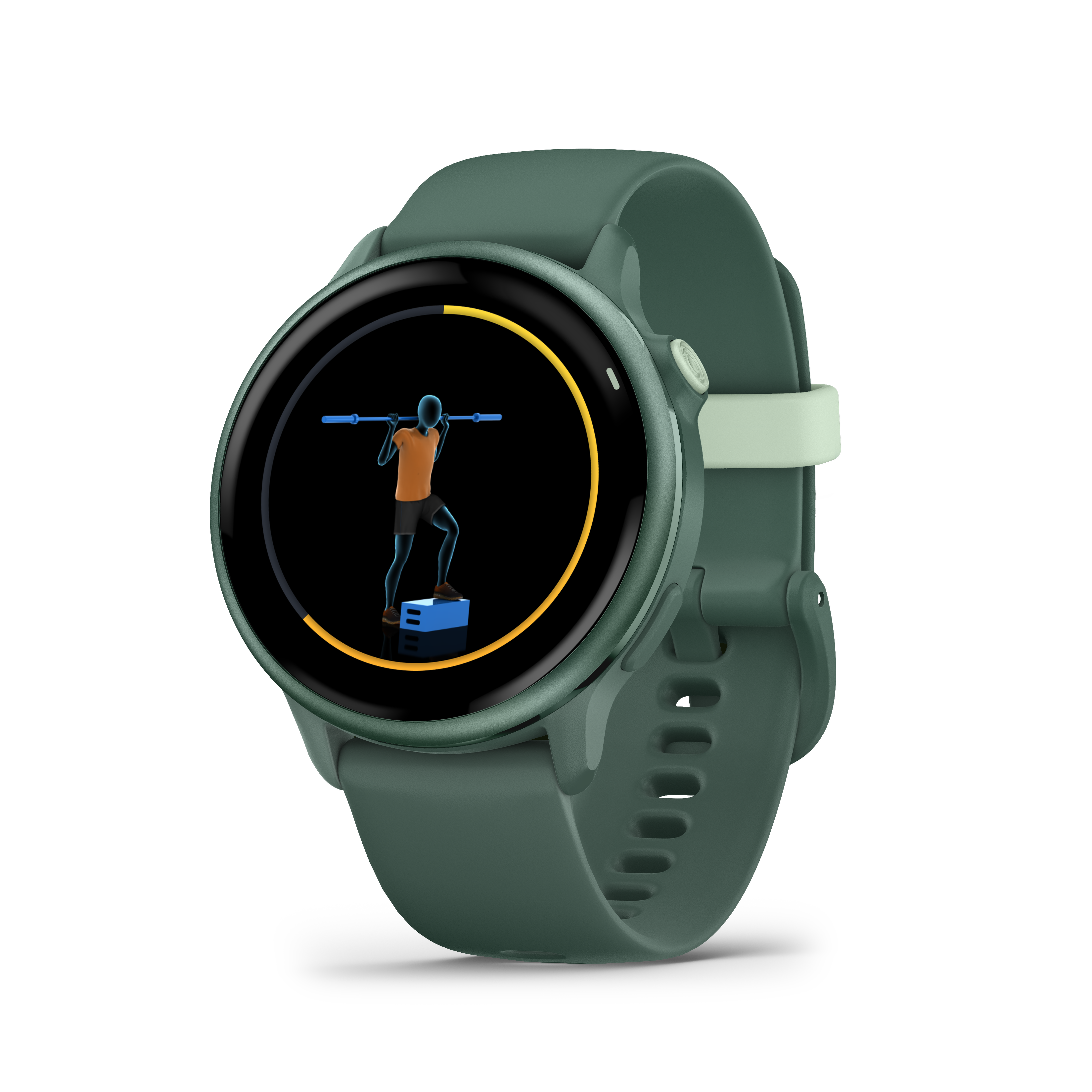 Smartwatch mit einem Display, das eine Strichfigur beim Training mit einer Langhantel zeigt.