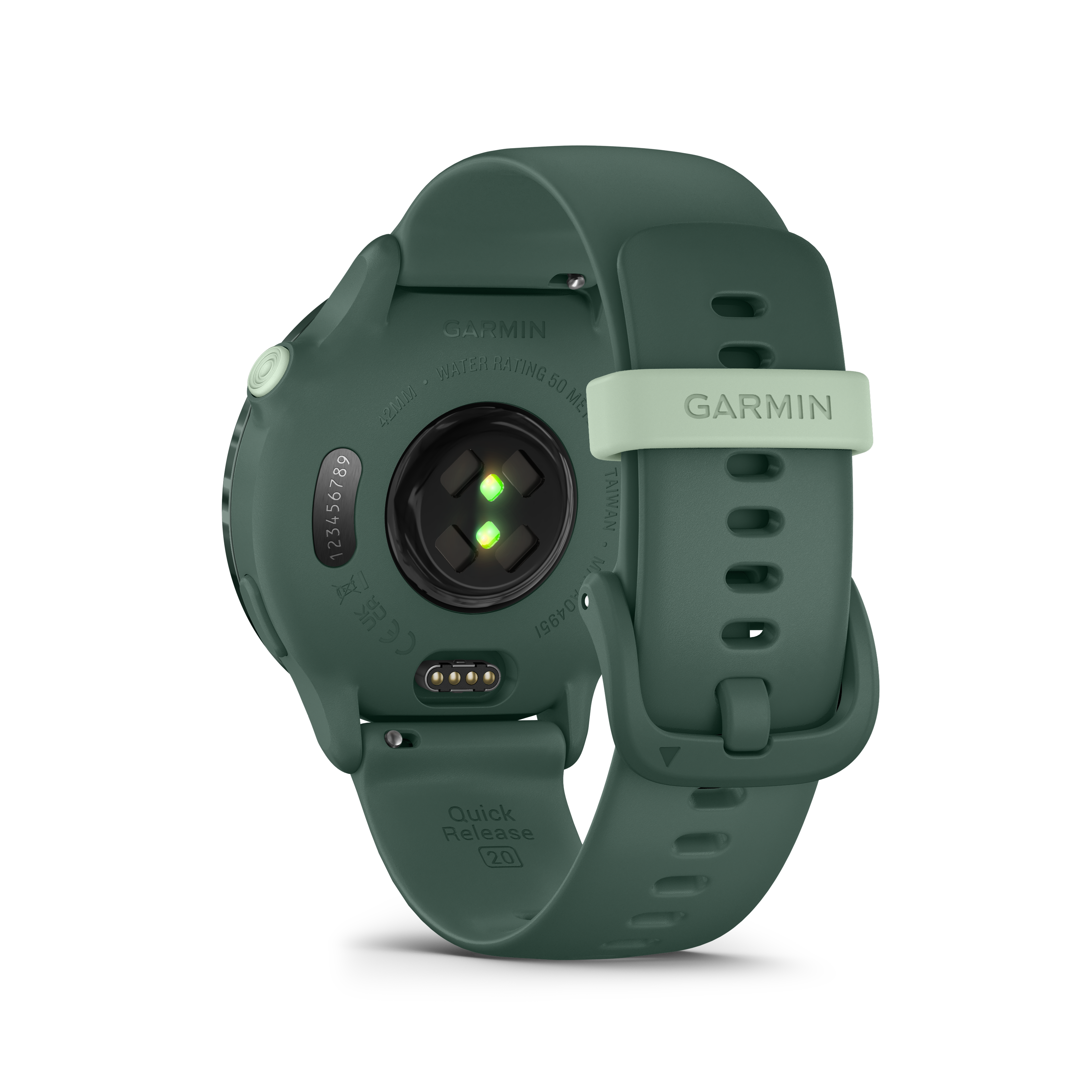 Die Rückseite einer Garmin Smartwatch. Die Uhr ist grün mit grünem Armband und hellgrüner Schließe.
