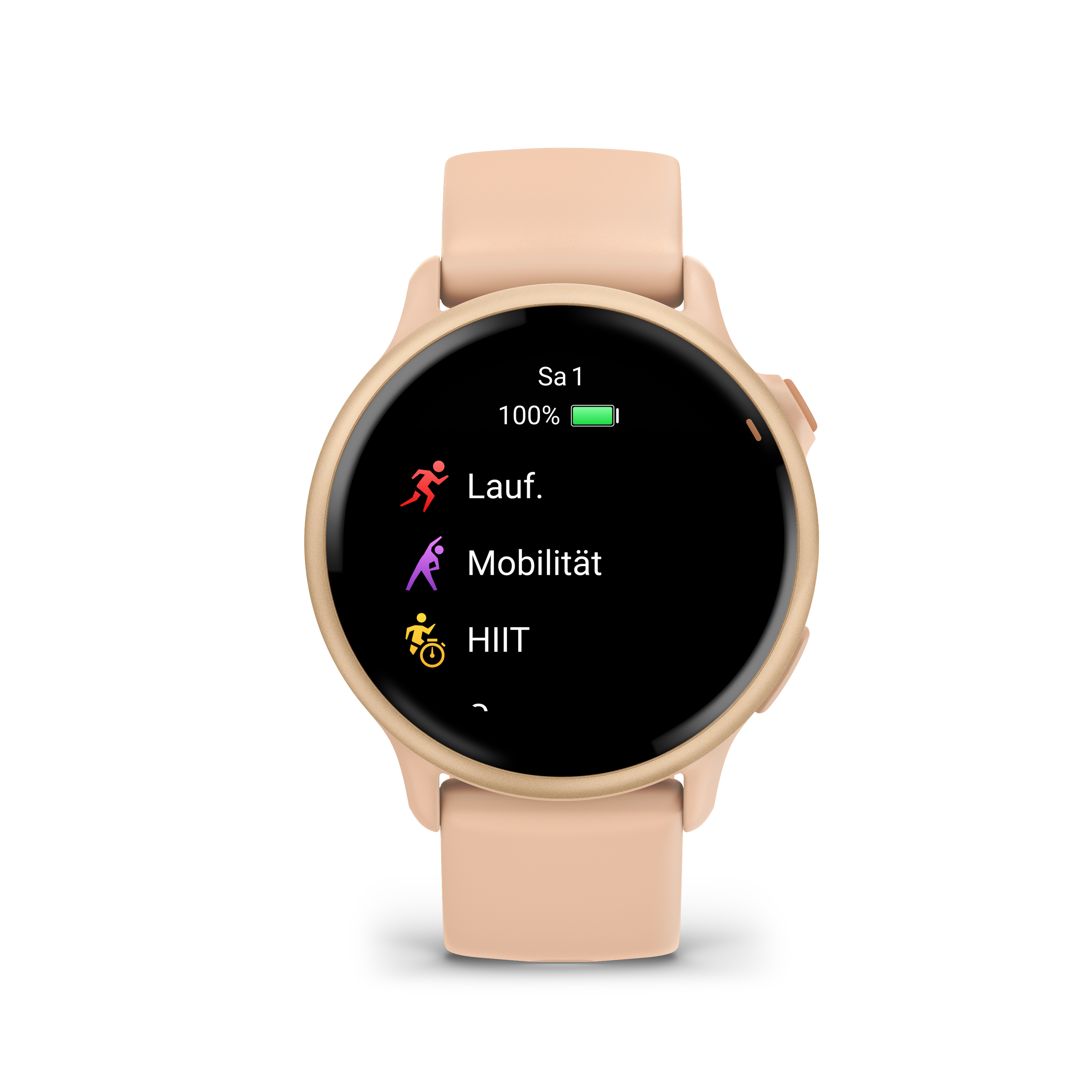 Runde, pfirsichfarbene Smartwatch mit schwarzem Bildschirm, der Fitness-Symbole anzeigt. Schwarzer Hintergrund.