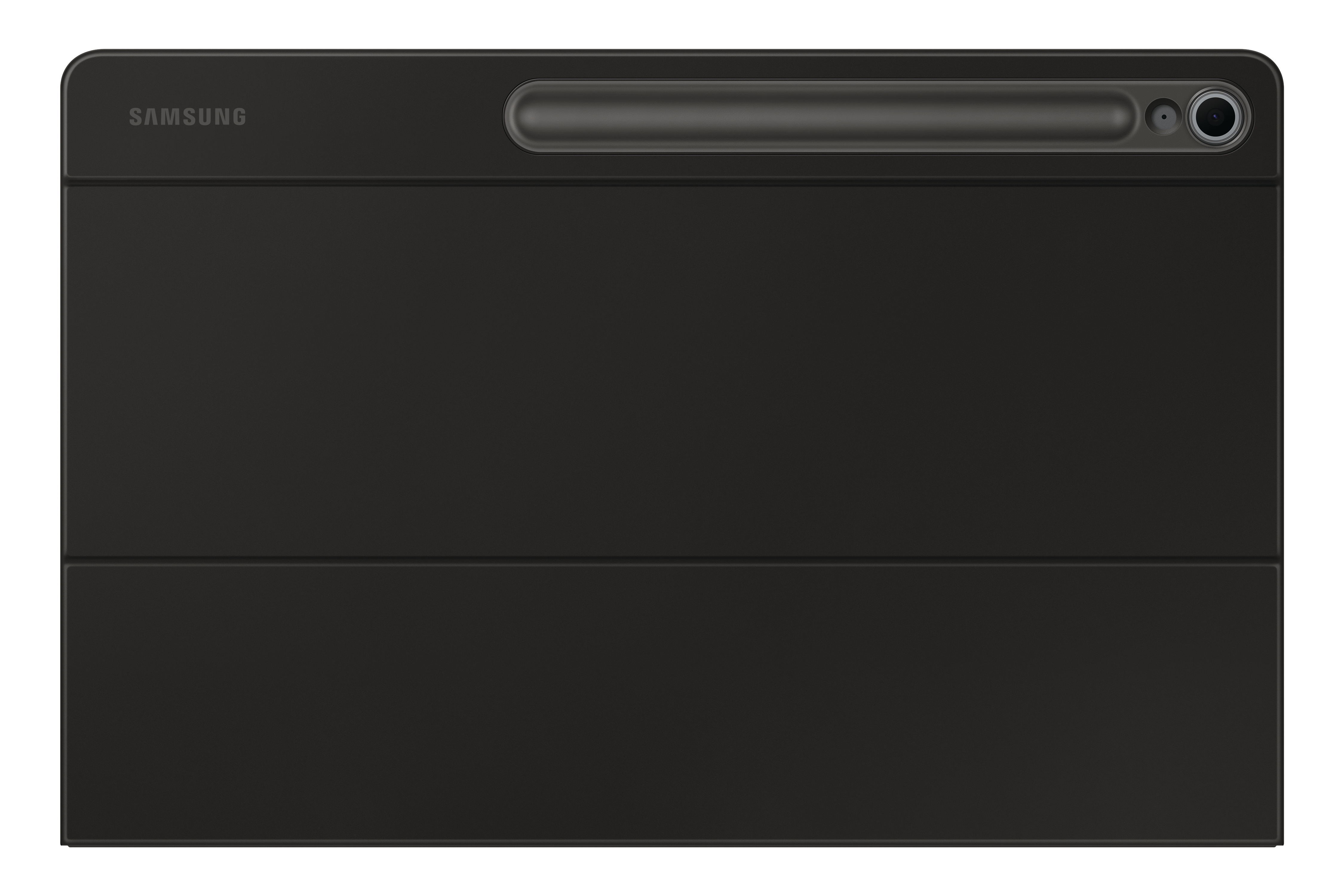 Geschlossene schwarze Tablet-Hülle mit Samsung-Logo und einer Kamera oben.