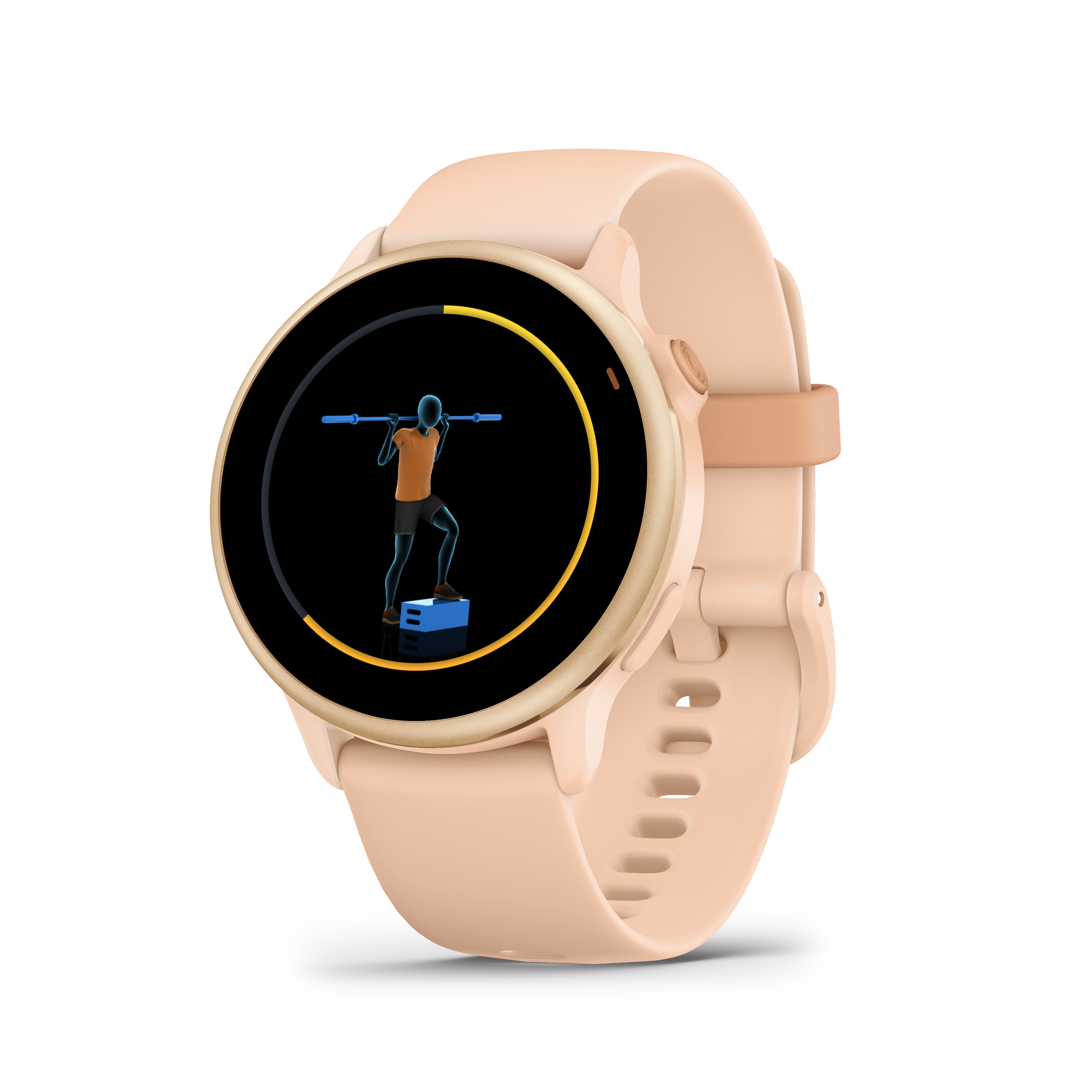 Rosafarbene Smartwatch zeigt Training mit Person, die Langhantel auf kleiner blauer Plattform benutzt.