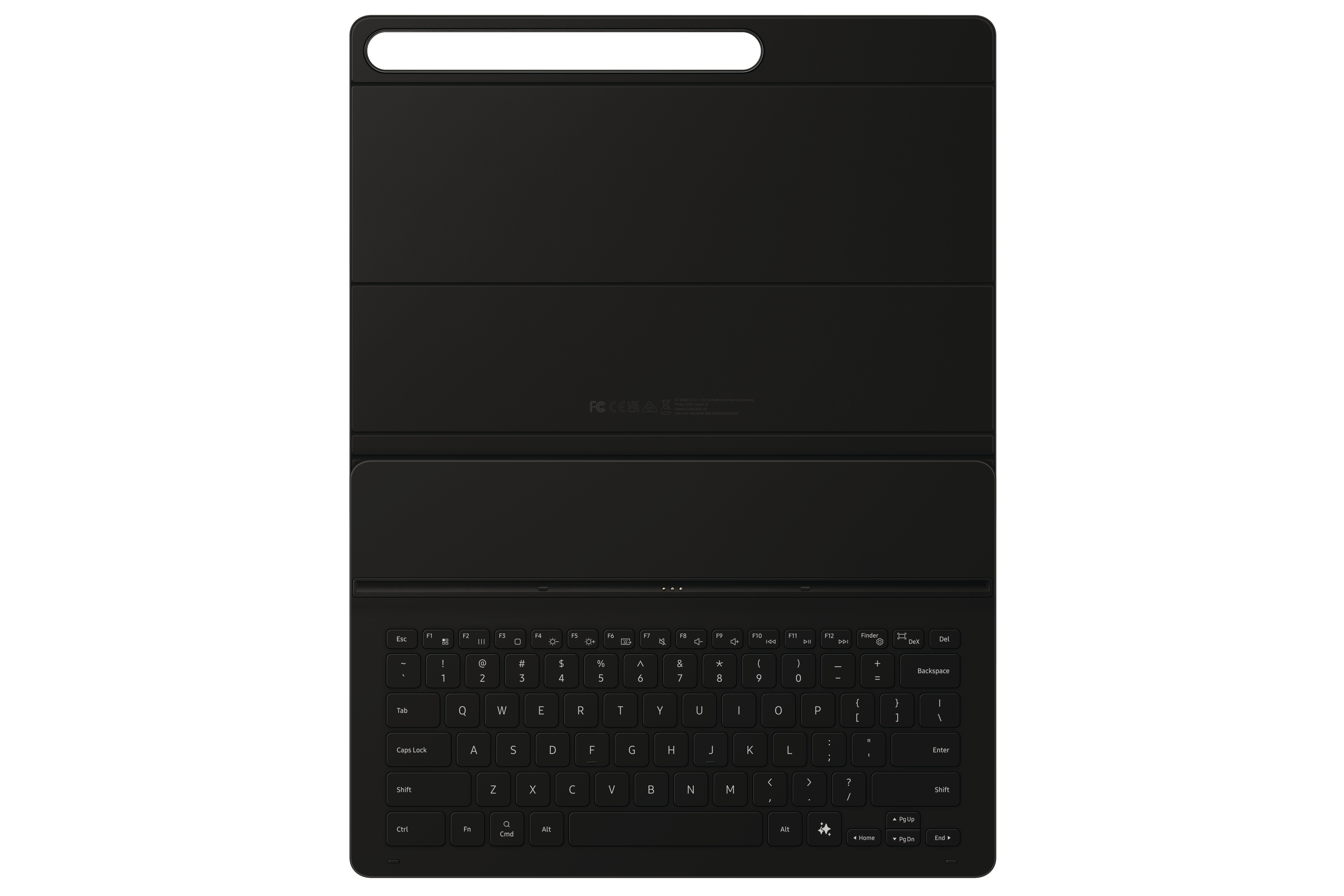 Schwarze Tablet-Tastaturhülle mit Tasten und einem Balken oben. Die Tastatur ist geöffnet.