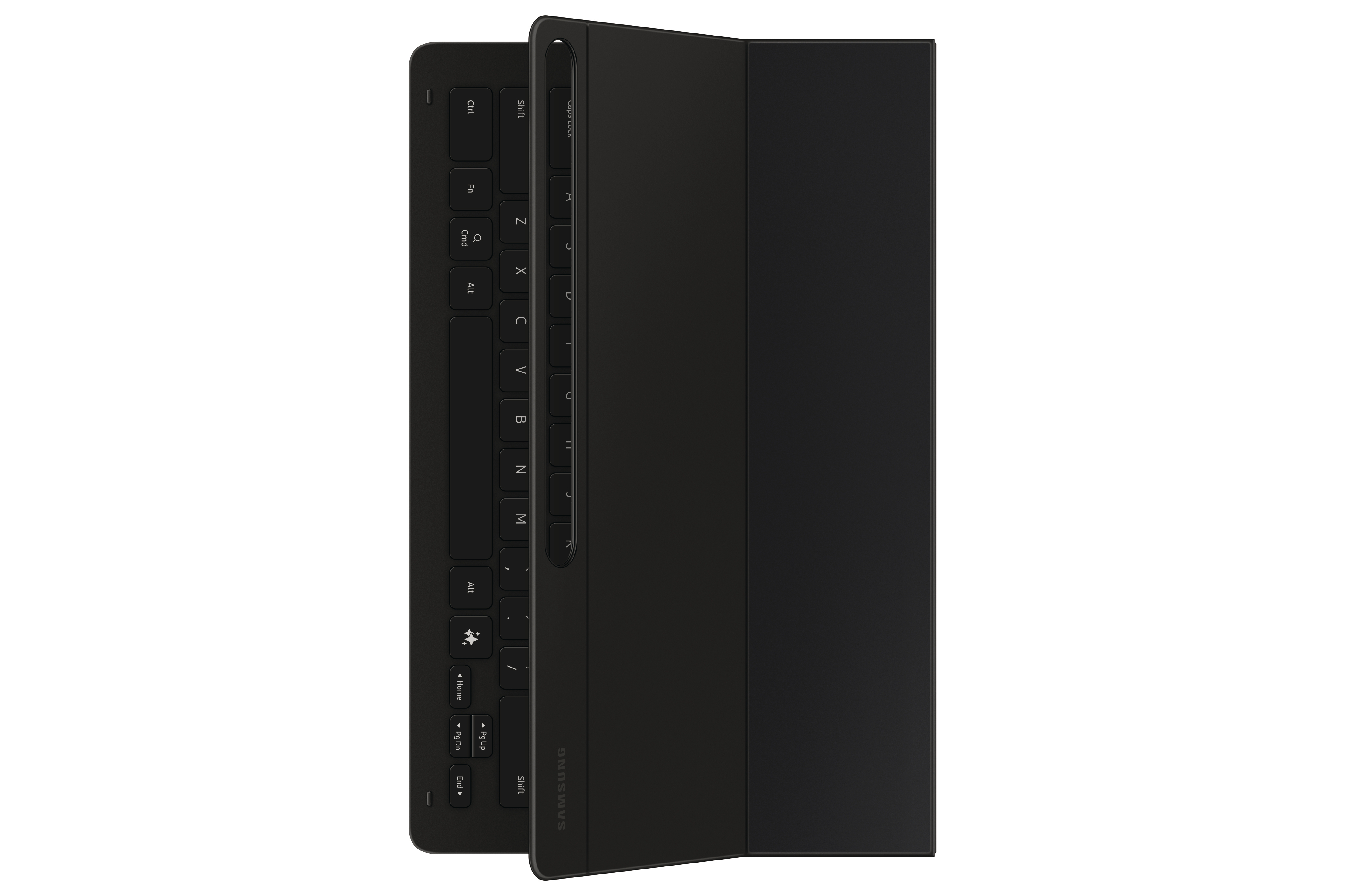 Schwarze Tablet-Tastatur mit Hülle und Samsung-Branding. Geöffnet und gefaltet.