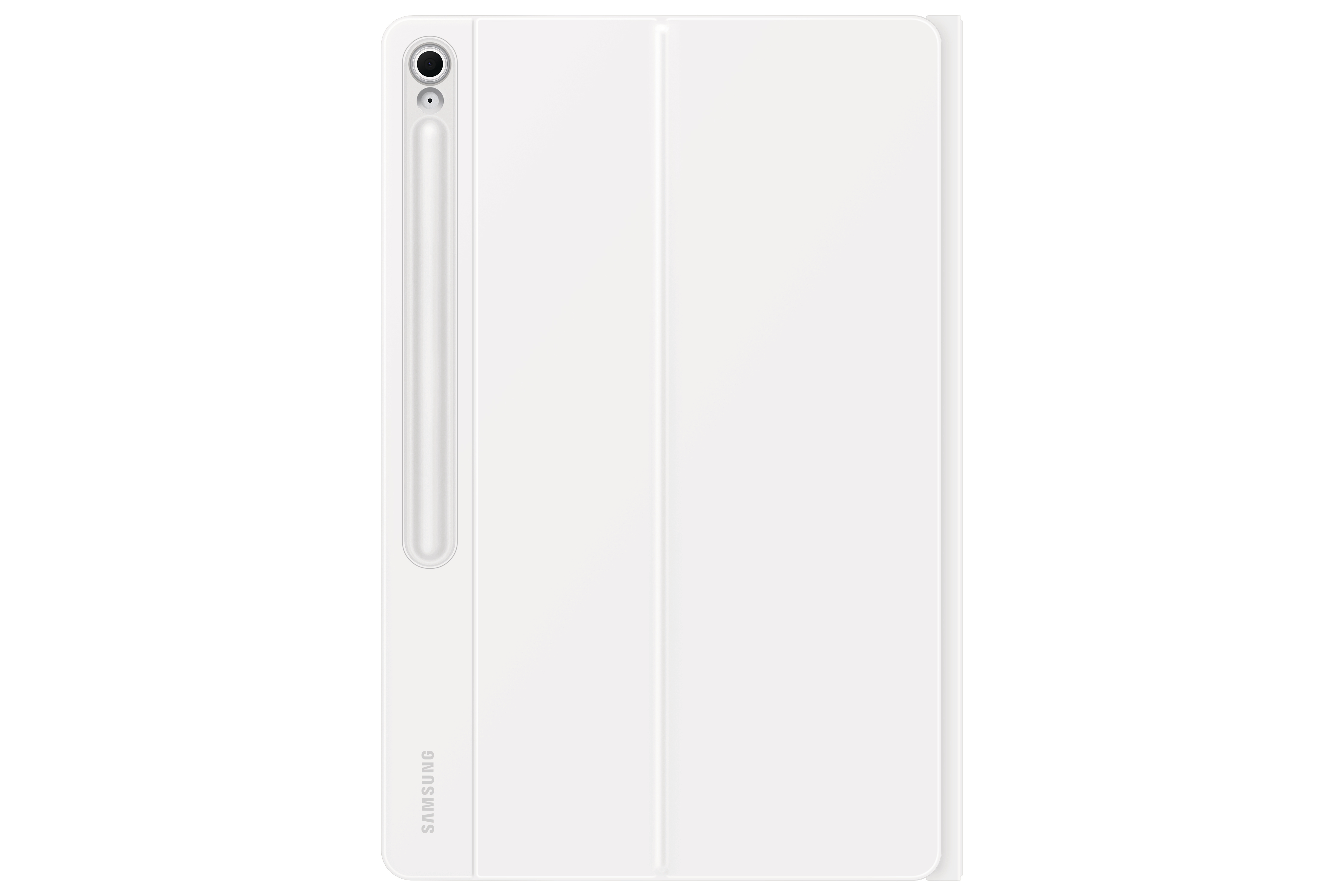 Weißes Tablet mit weißer Hülle und Stift. Das Samsung-Logo ist sichtbar.