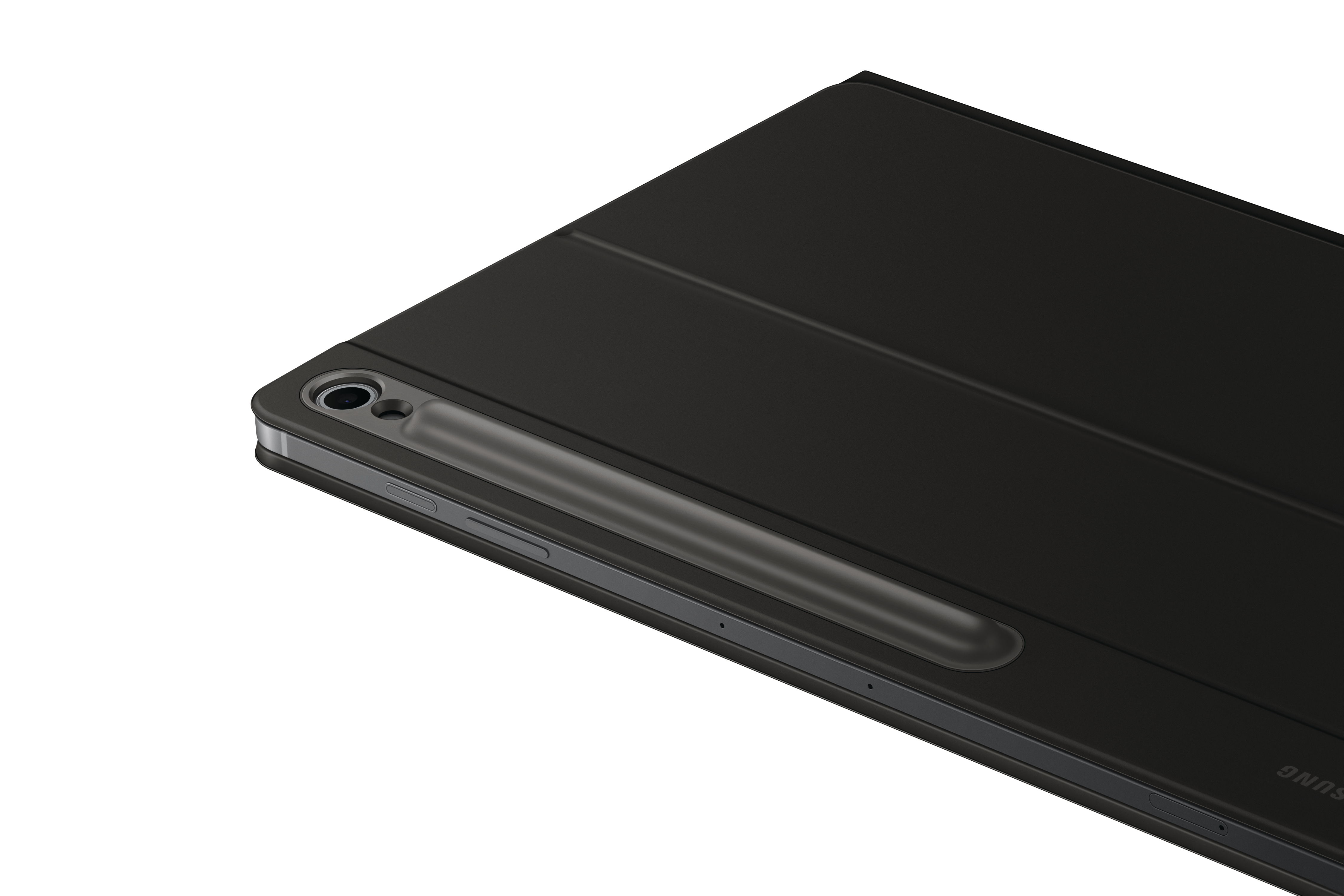 Schwarzes Tablet mit Hülle und Stift. Die Hülle ist geschlossen. Der Stift befindet sich in einem Steckplatz.