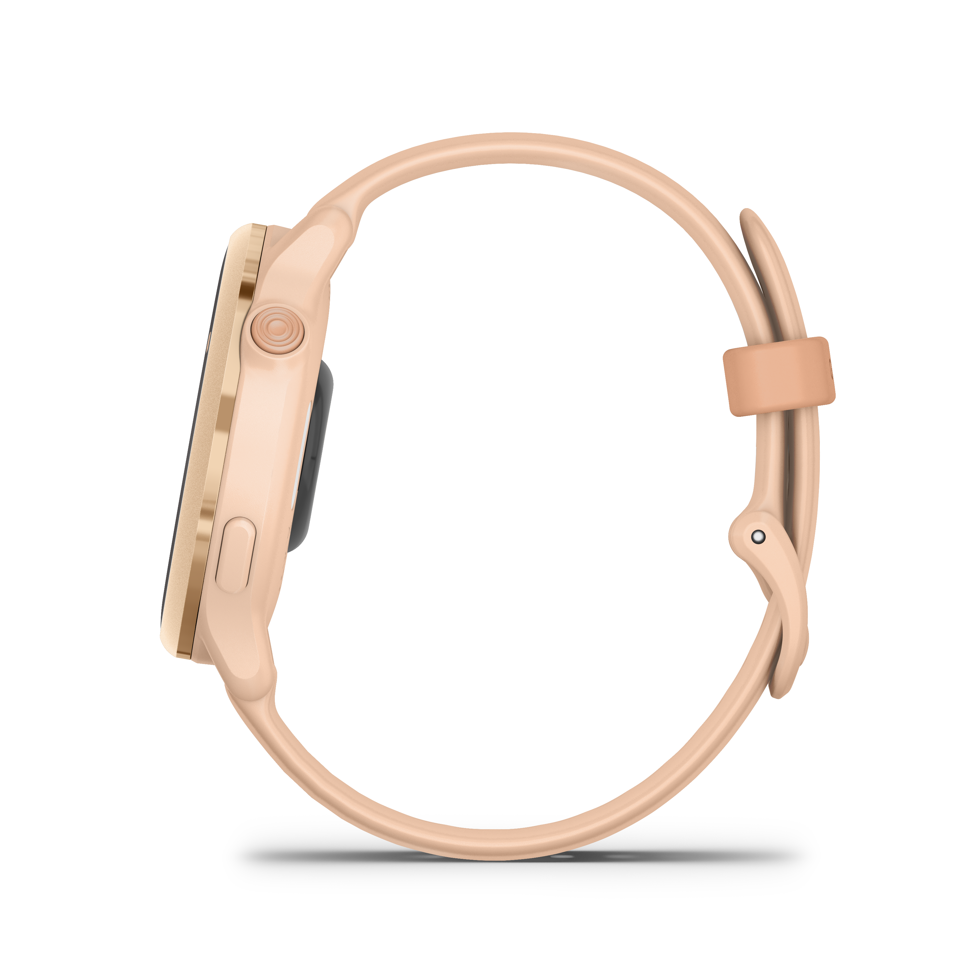 Seitenansicht einer roségoldenen Smartwatch mit Armband.