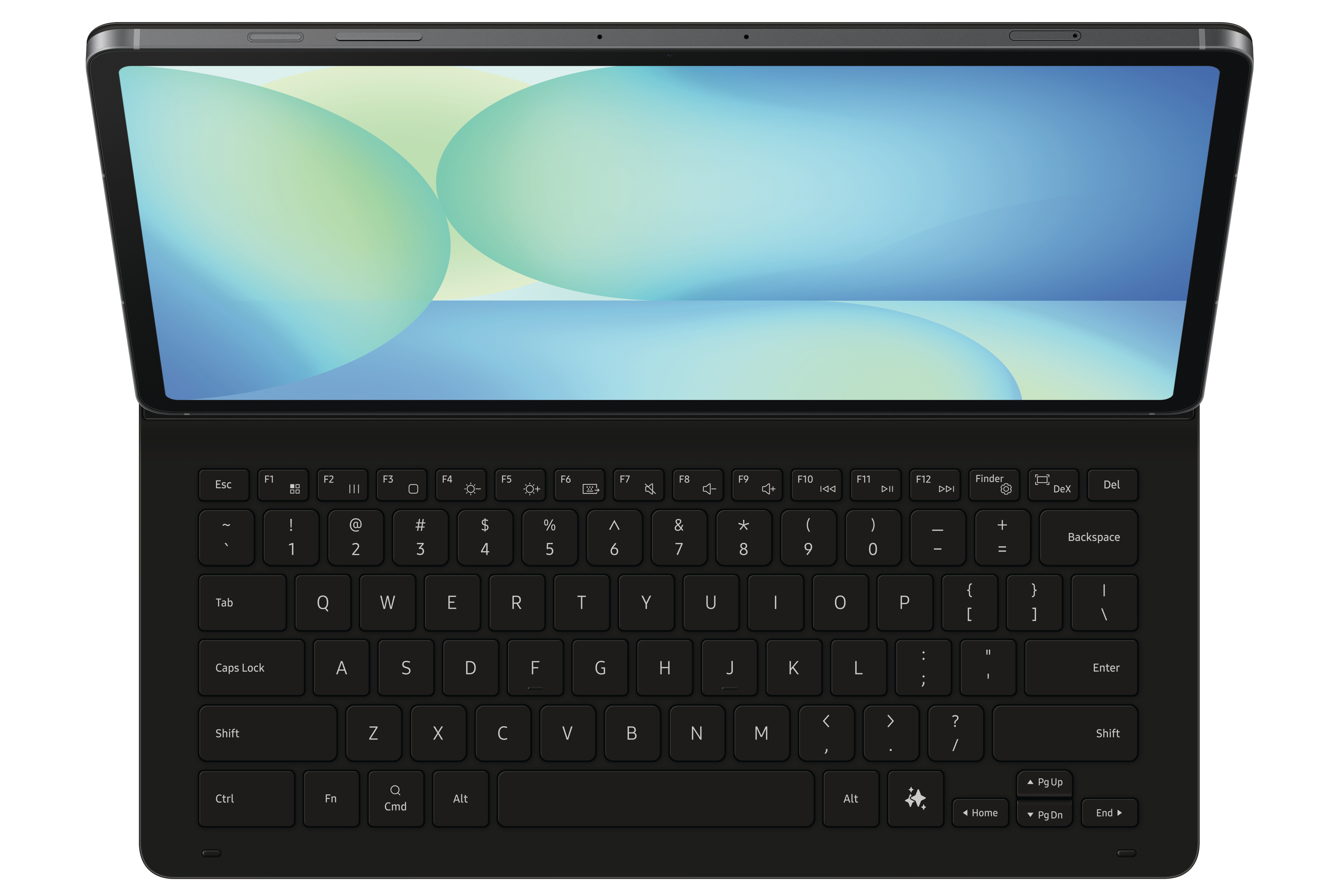 Schwarzes Tablet, Tastatur angebracht, Tastatur mit Tasten, weißer Hintergrund.