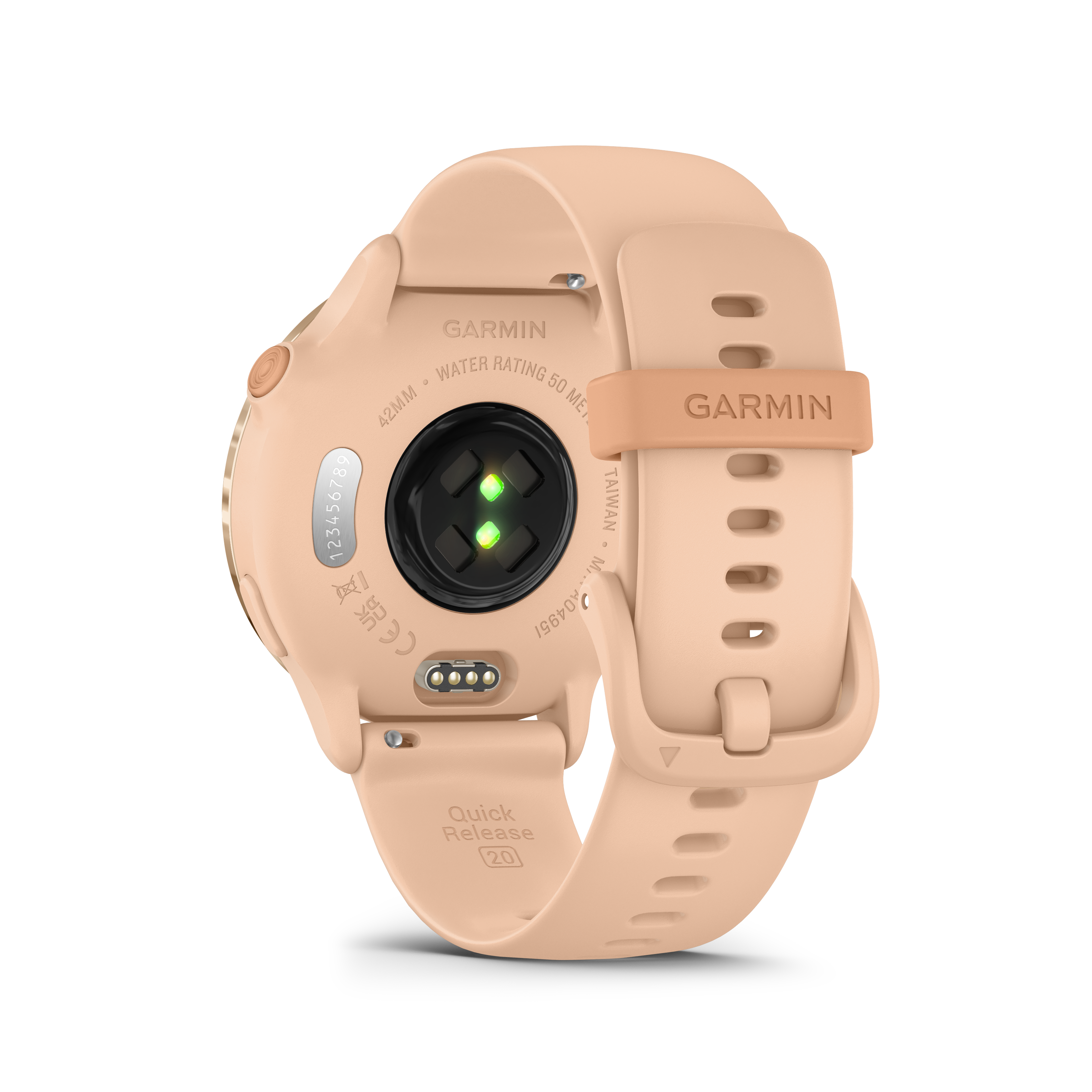 Eine Smartwatch von hinten. Beigefarbenes Armband, schwarzer Sensor und Quick Release-Etikett.