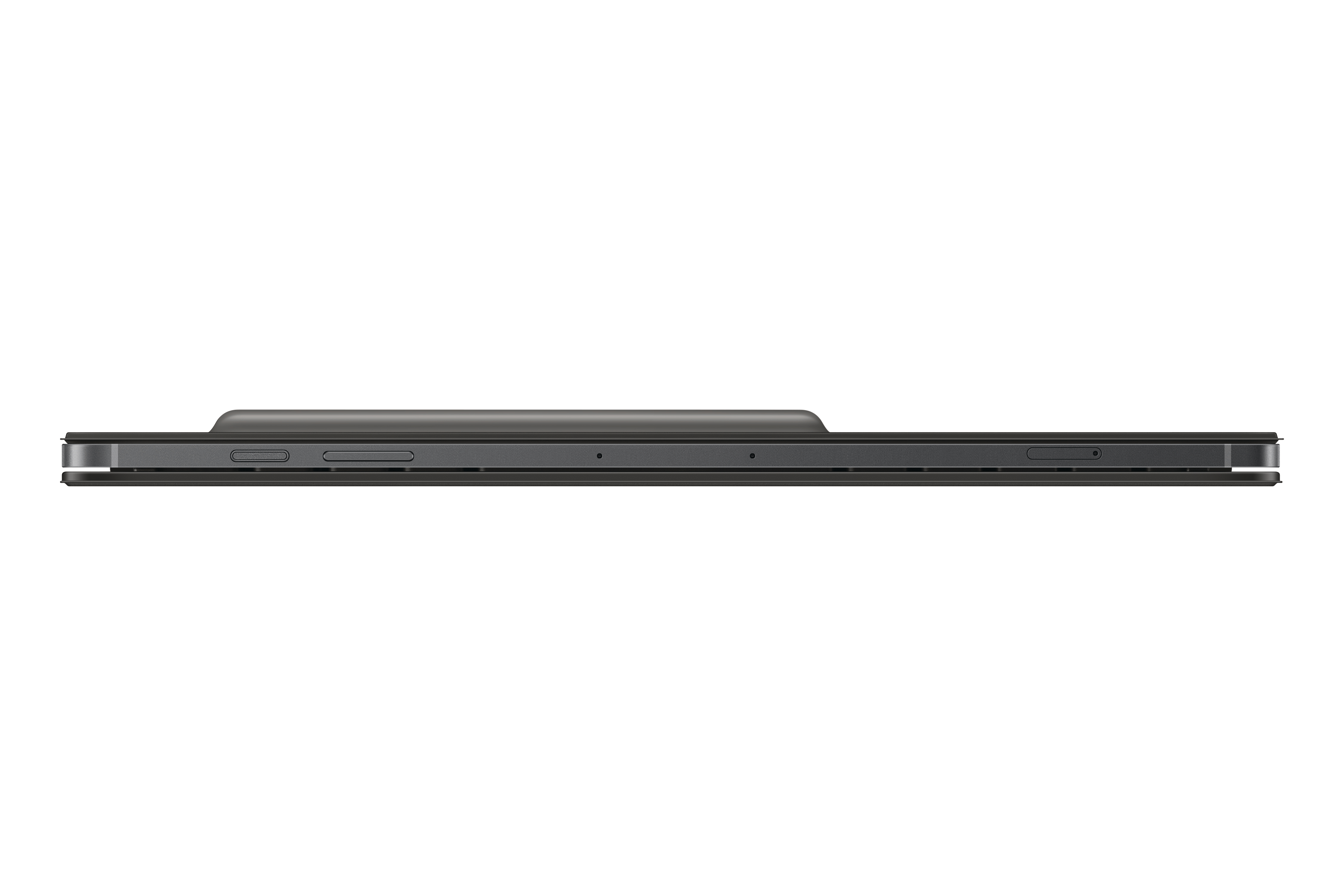 Ein dünnes, dunkelgraues Tablet liegt flach. Zeigt das Seitenprofil mit Tasten und Anschlüssen.
