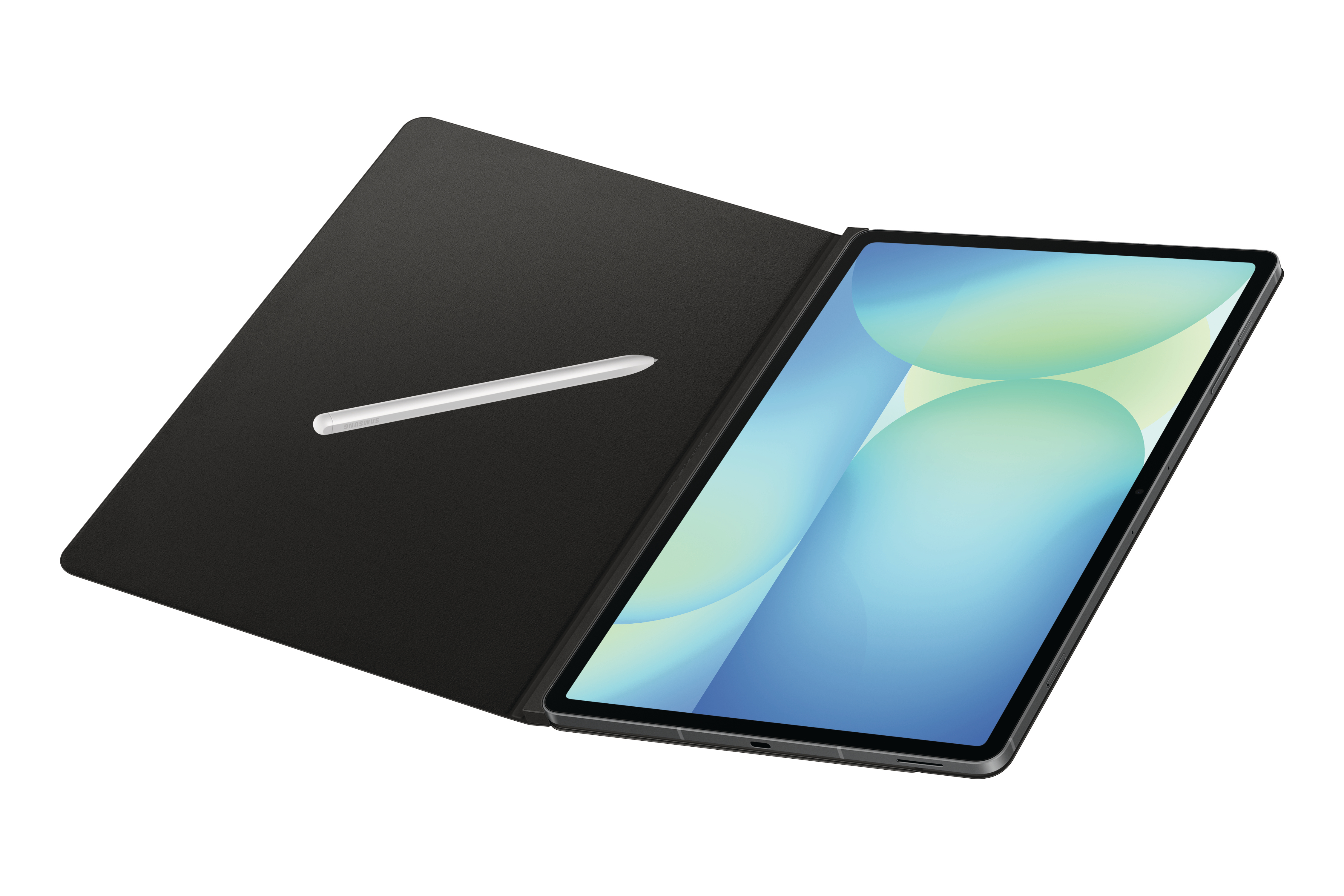 Tablet mit schwarzem Cover und weißem Stift. Der Bildschirm zeigt einen blau-grünen Farbverlauf.