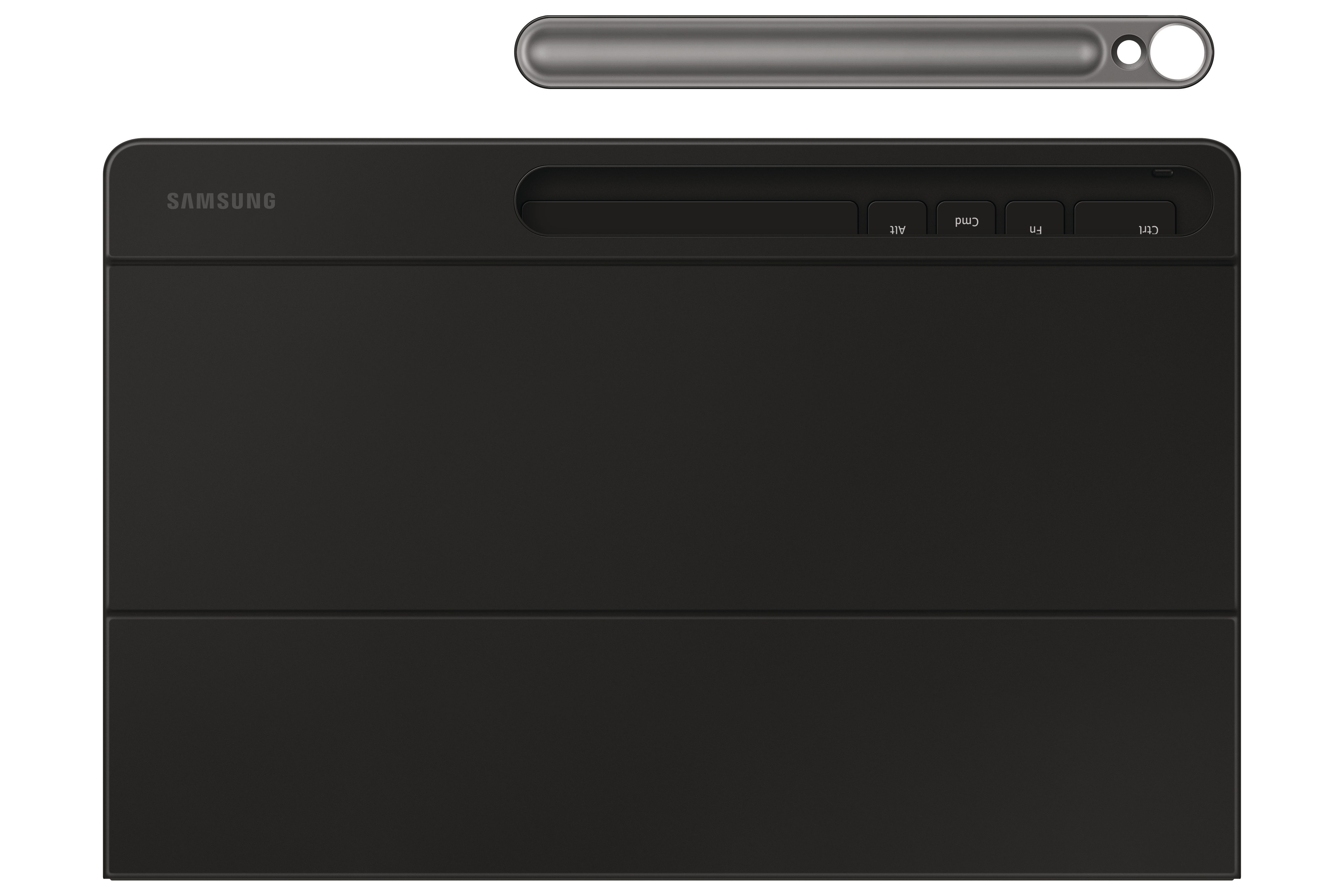 Schwarze Samsung Tablet-Hülle mit Tastatur und Stift auf weißem Hintergrund.