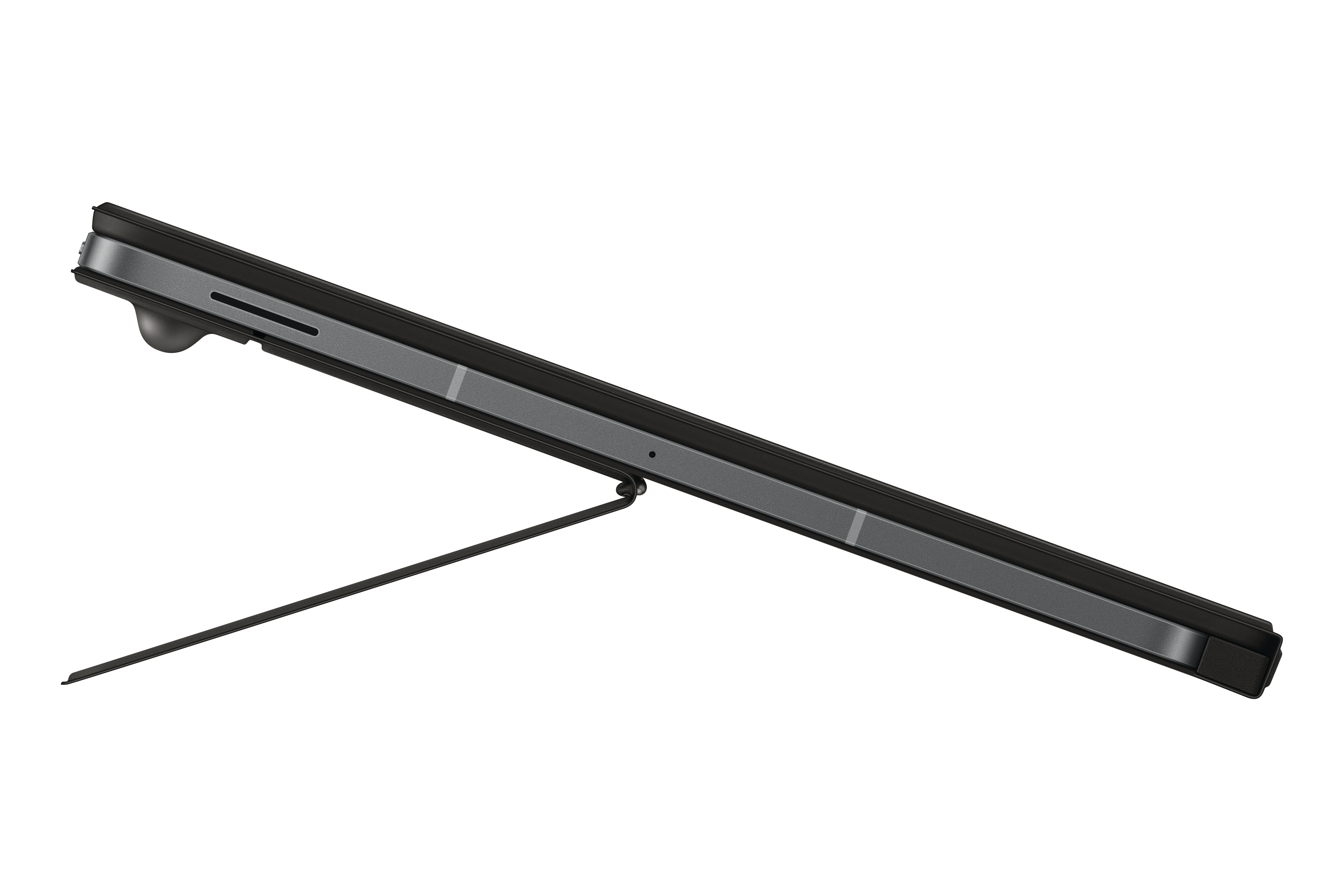 Ein schwarzes Tablet mit einem Ständer auf weißem Hintergrund. Der Bildschirm ist leer.