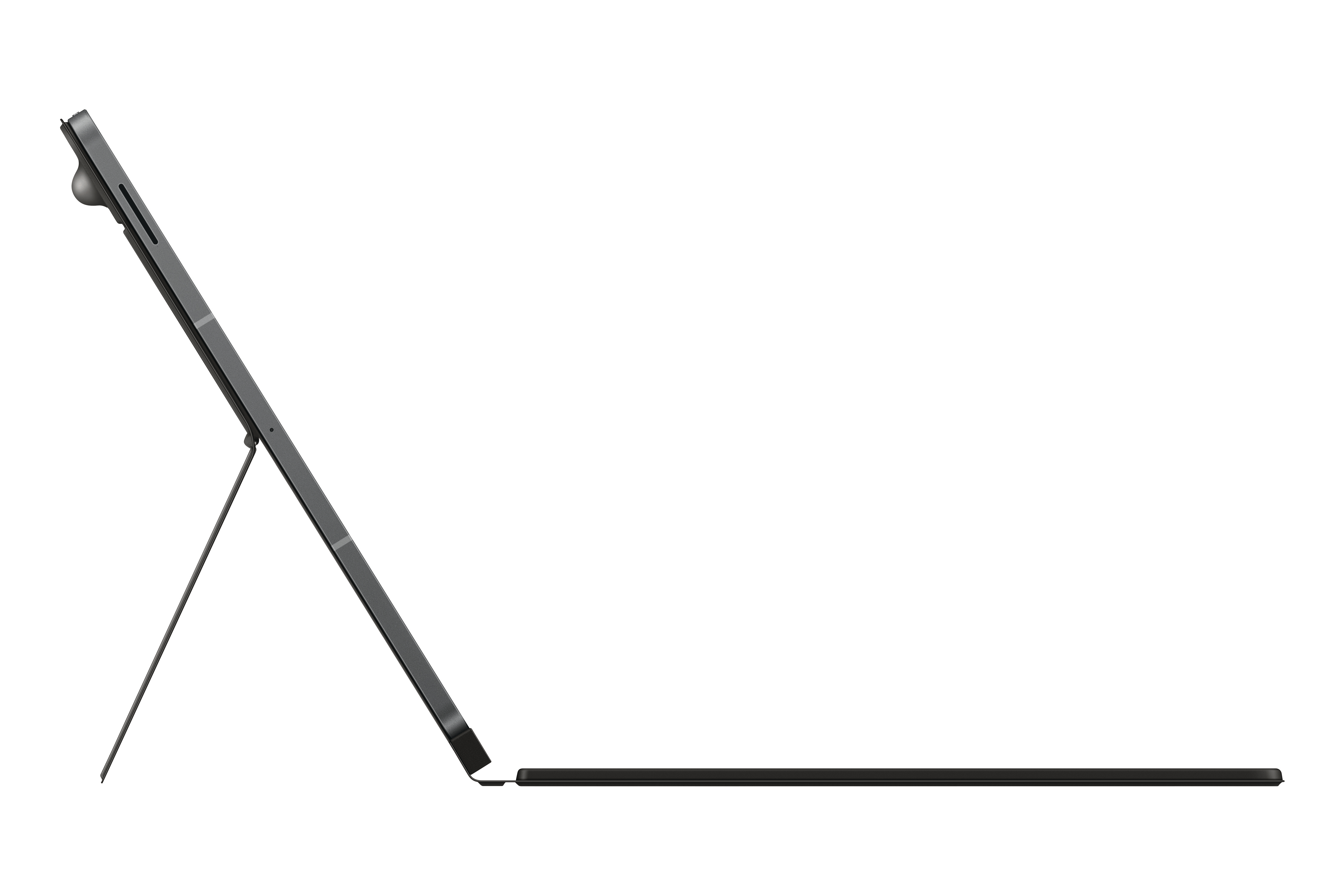 Tablet im Querformat mit Ständer, schwarze Tastatur.