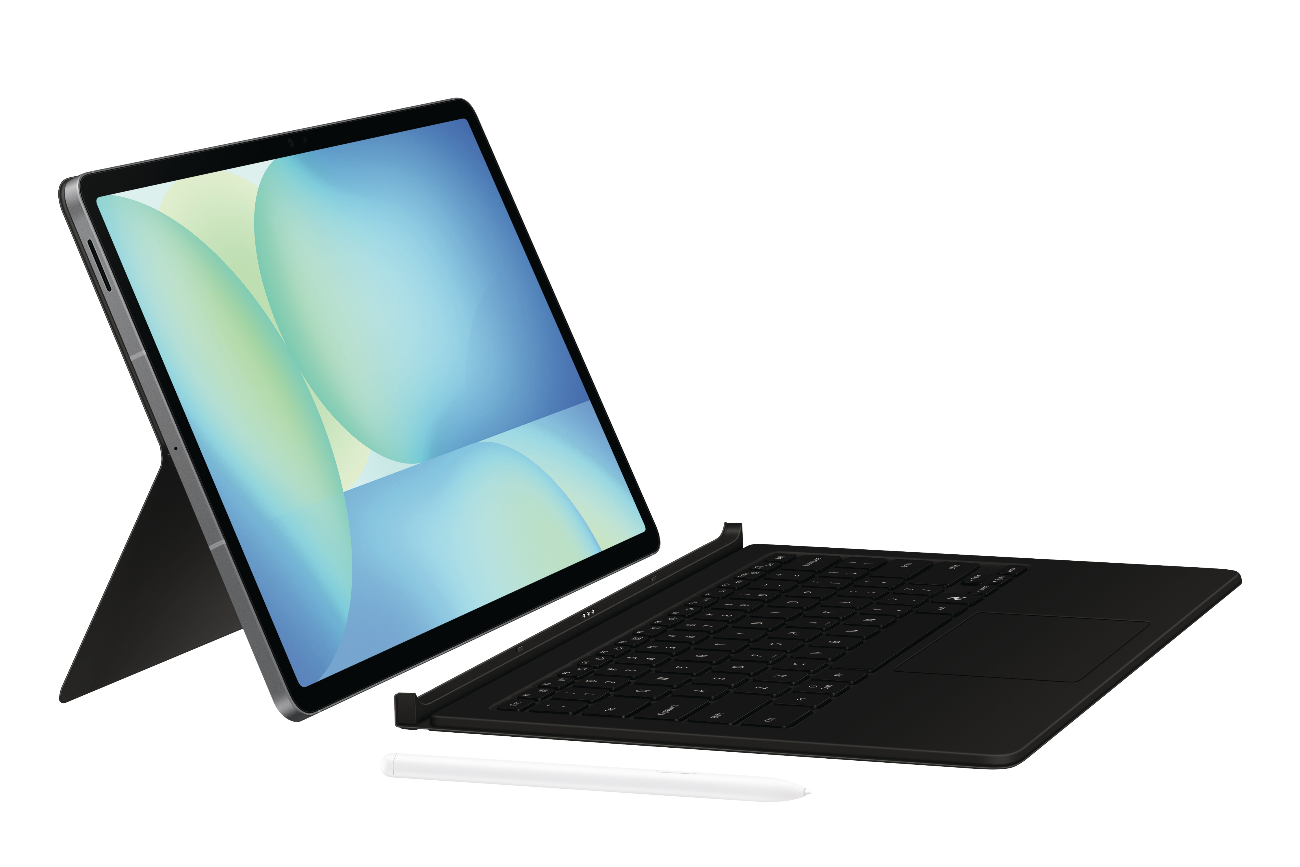 Ein schwarzes Tablet mit Tastatur und Stift. Der Bildschirm zeigt einen blau-grünen Farbverlauf.