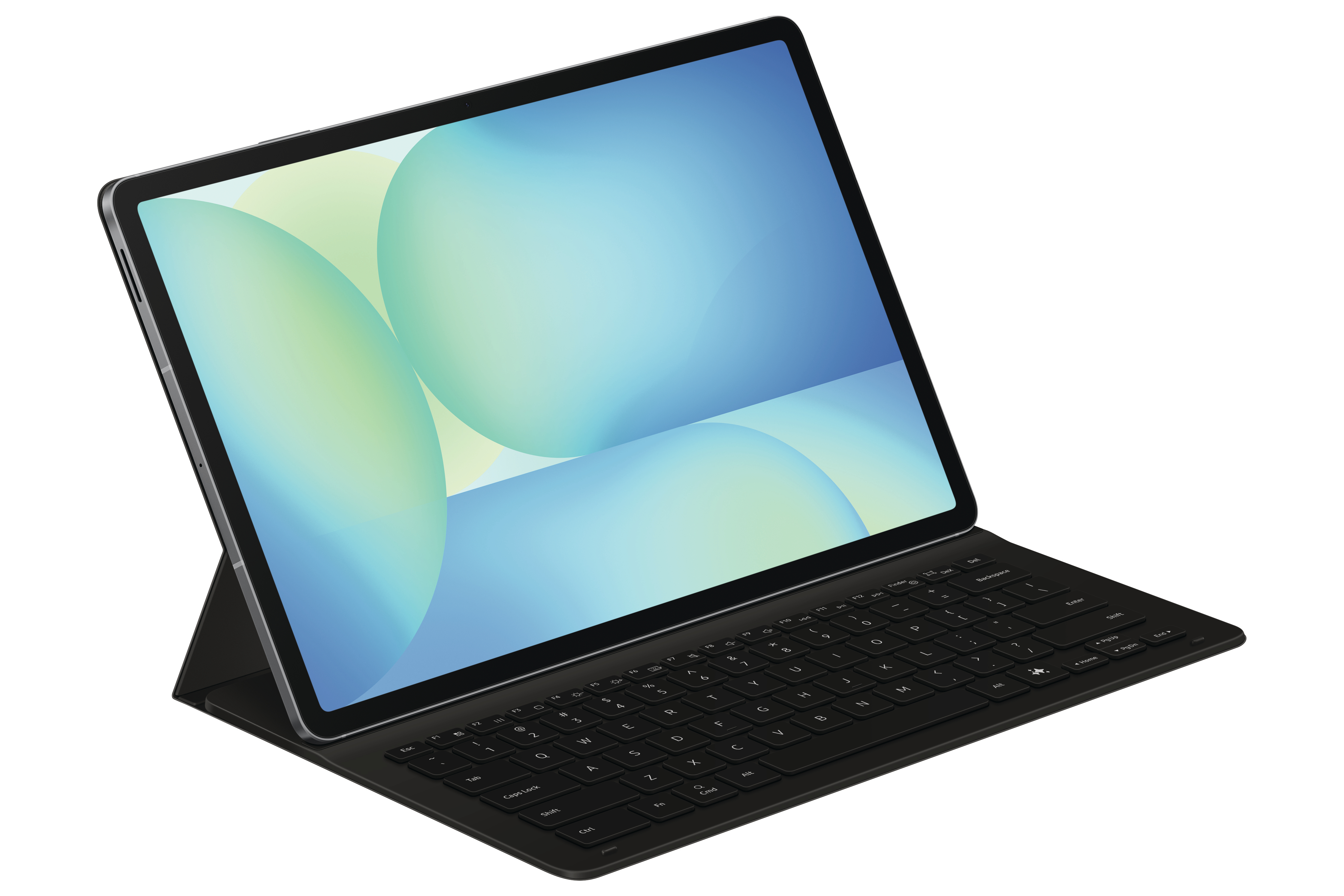 Tablet mit angeschlossener Tastatur. Bildschirm zeigt blau-grünen Farbverlauf. Weißer Hintergrund.
