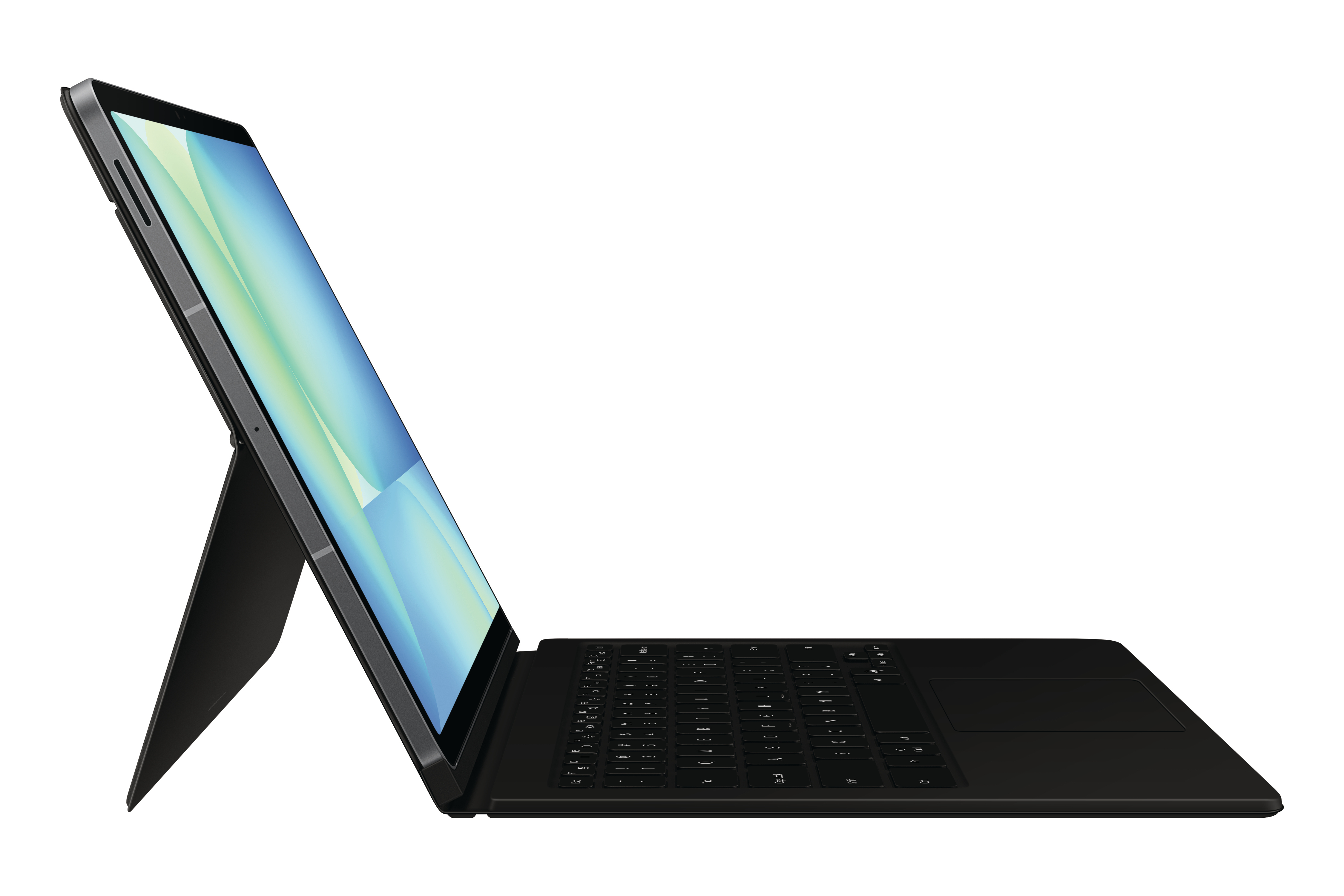 Ein Laptop mit geöffnetem Bildschirm, an einer Tastatur befestigt. Der Bildschirm ist hellgrün und blau.