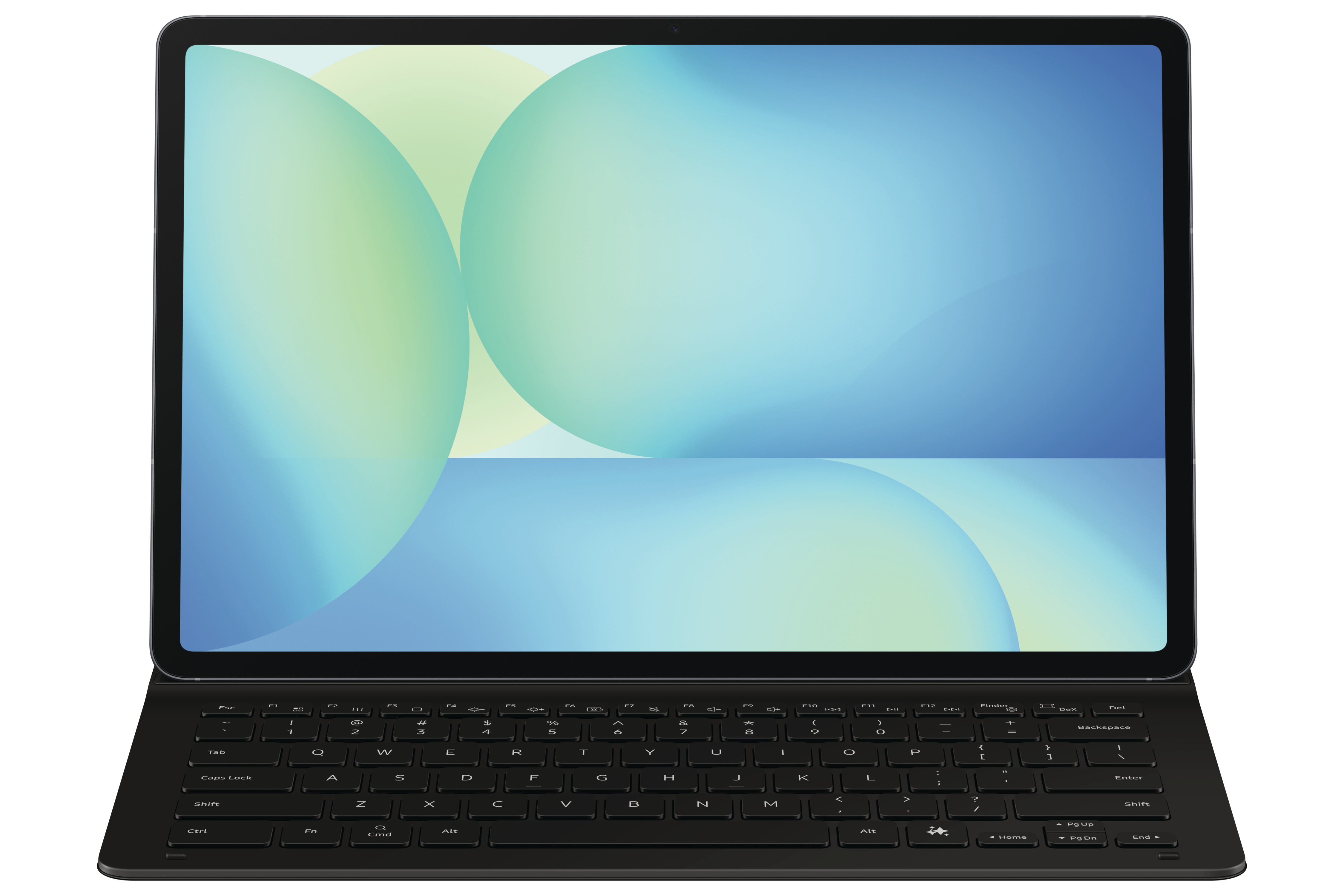 Tablet mit Tastatur, zeigt ein abstraktes blaues und grünes Design.