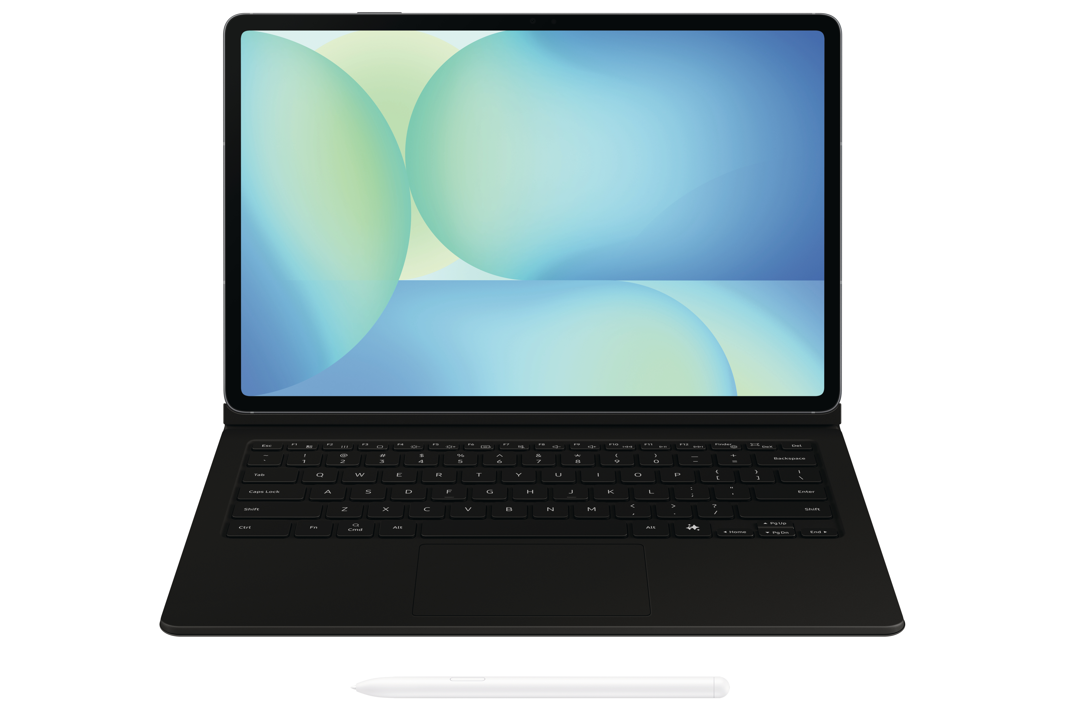 Ein Tablet mit angeschlossener schwarzer Tastatur und Stift. Der Bildschirm zeigt einen abstrakten Hintergrund in Blau und Grün.
