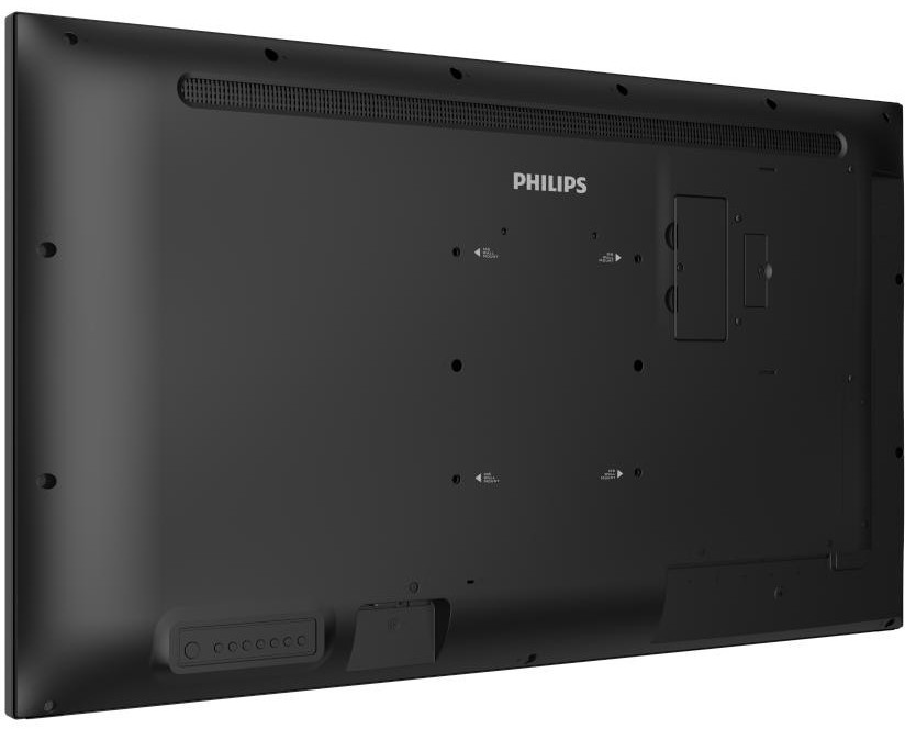 Rückansicht eines schwarzen Philips Fernsehers mit Befestigungspunkten.