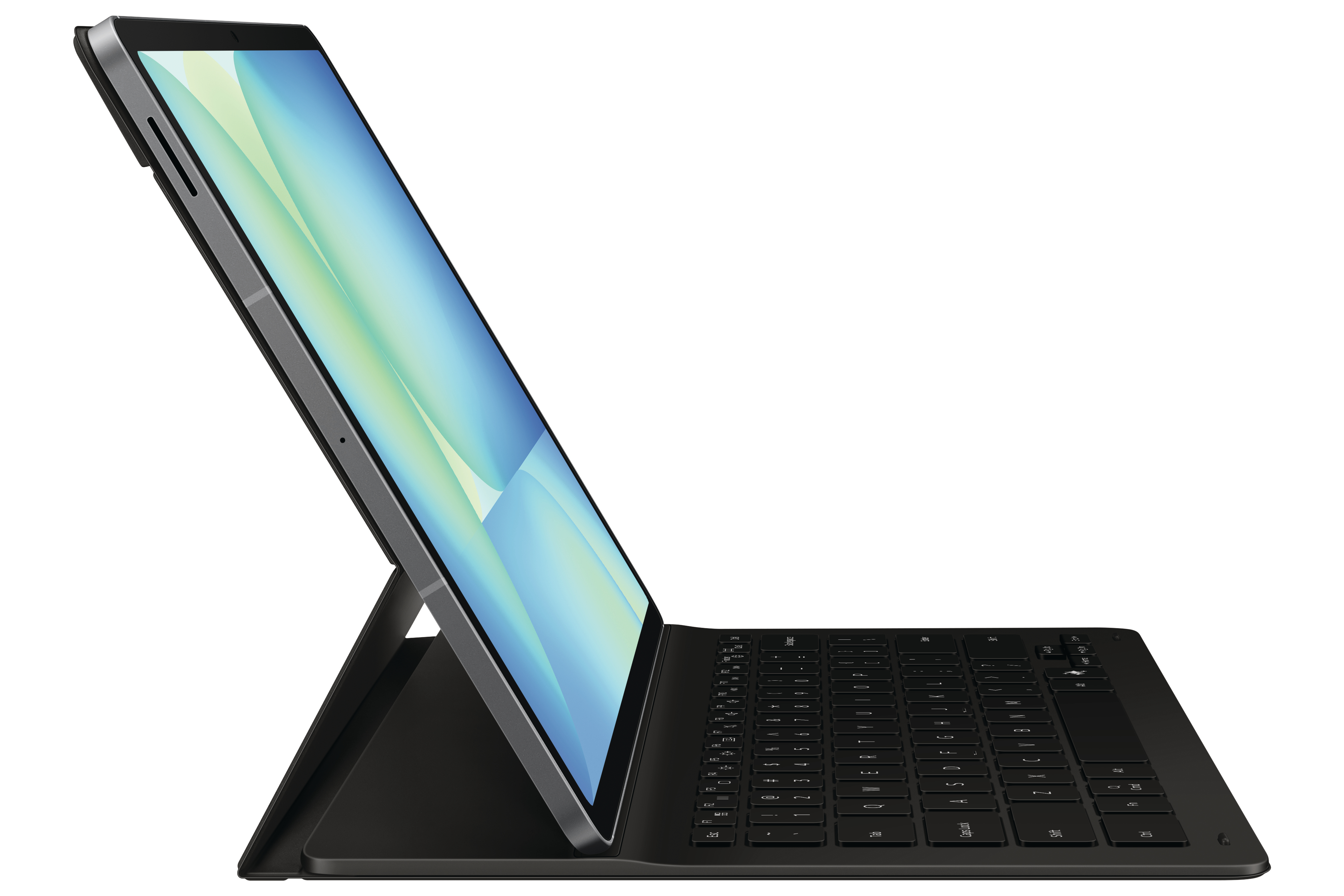 Laptop auf einem Ständer mit geöffnetem Bildschirm, der eine farbenfrohe Oberfläche zeigt.
